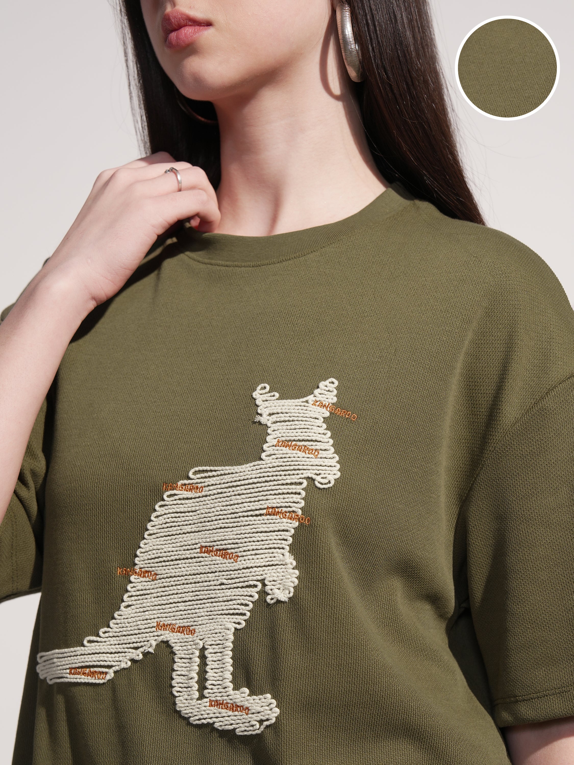 Tokyo Talkies Women Olive Applique Round Neck Oversized Fit T-Shirt - Olive - Image 5
