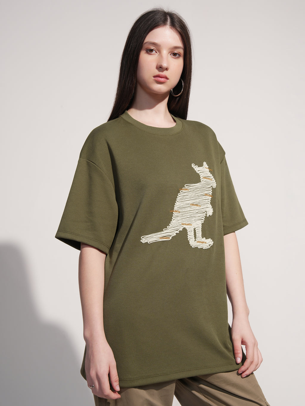 Tokyo Talkies Women Olive Applique Round Neck Oversized Fit T-Shirt - Olive - Image 6