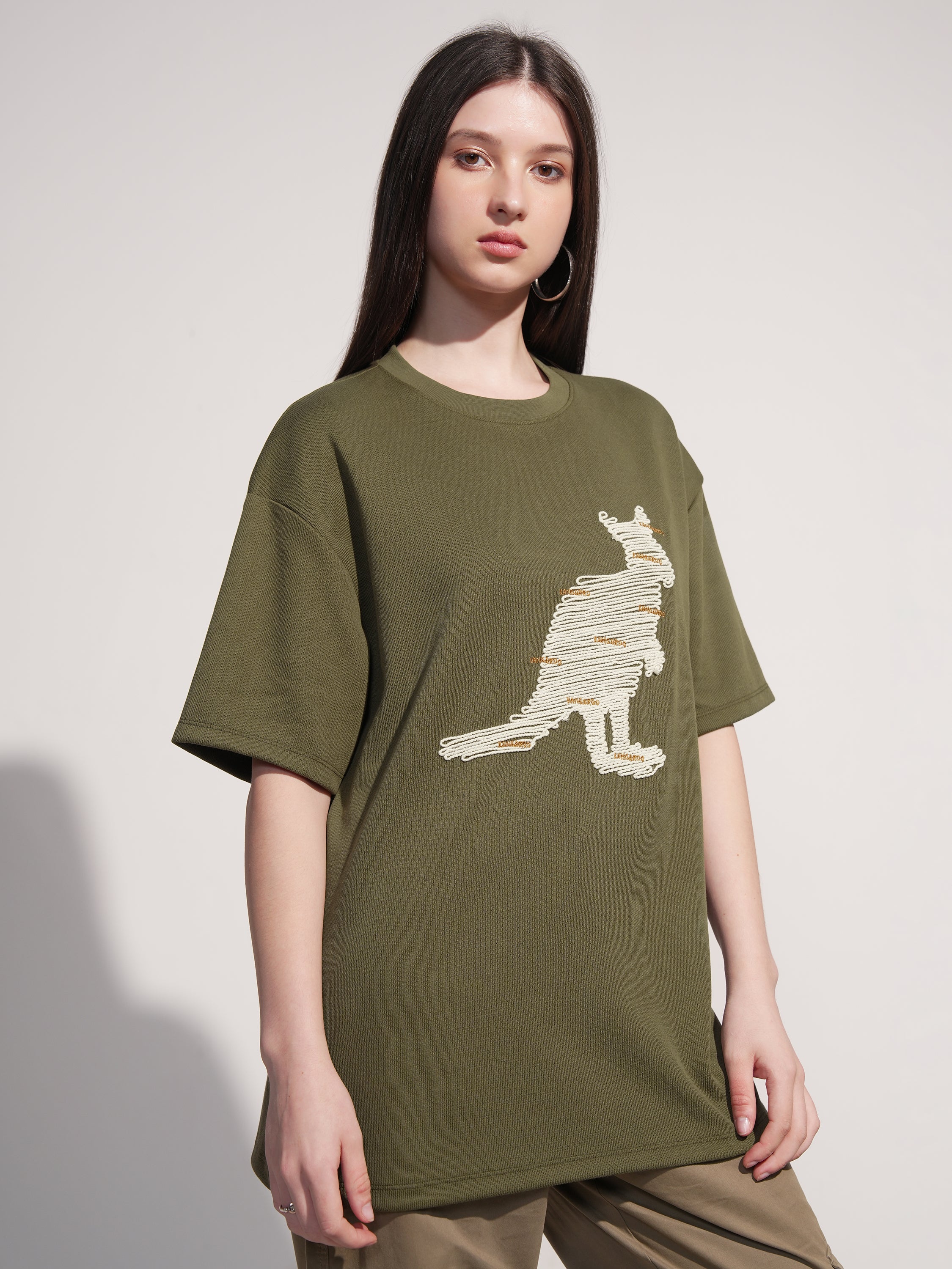 Tokyo Talkies Women Olive Applique Round Neck Oversized Fit T-Shirt - Olive - Image 6
