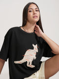 Tokyo Talkies Women Black Applique Round Neck Oversized Fit T-Shirt - Black - Image 1