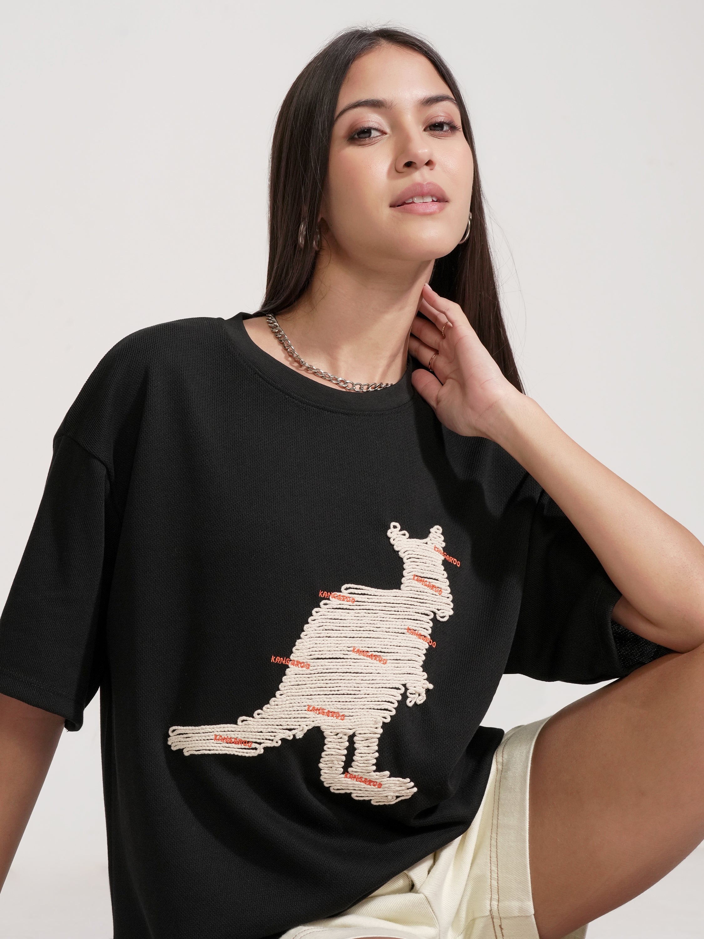Tokyo Talkies Women Black Applique Round Neck Oversized Fit T-Shirt - Black - Image 1