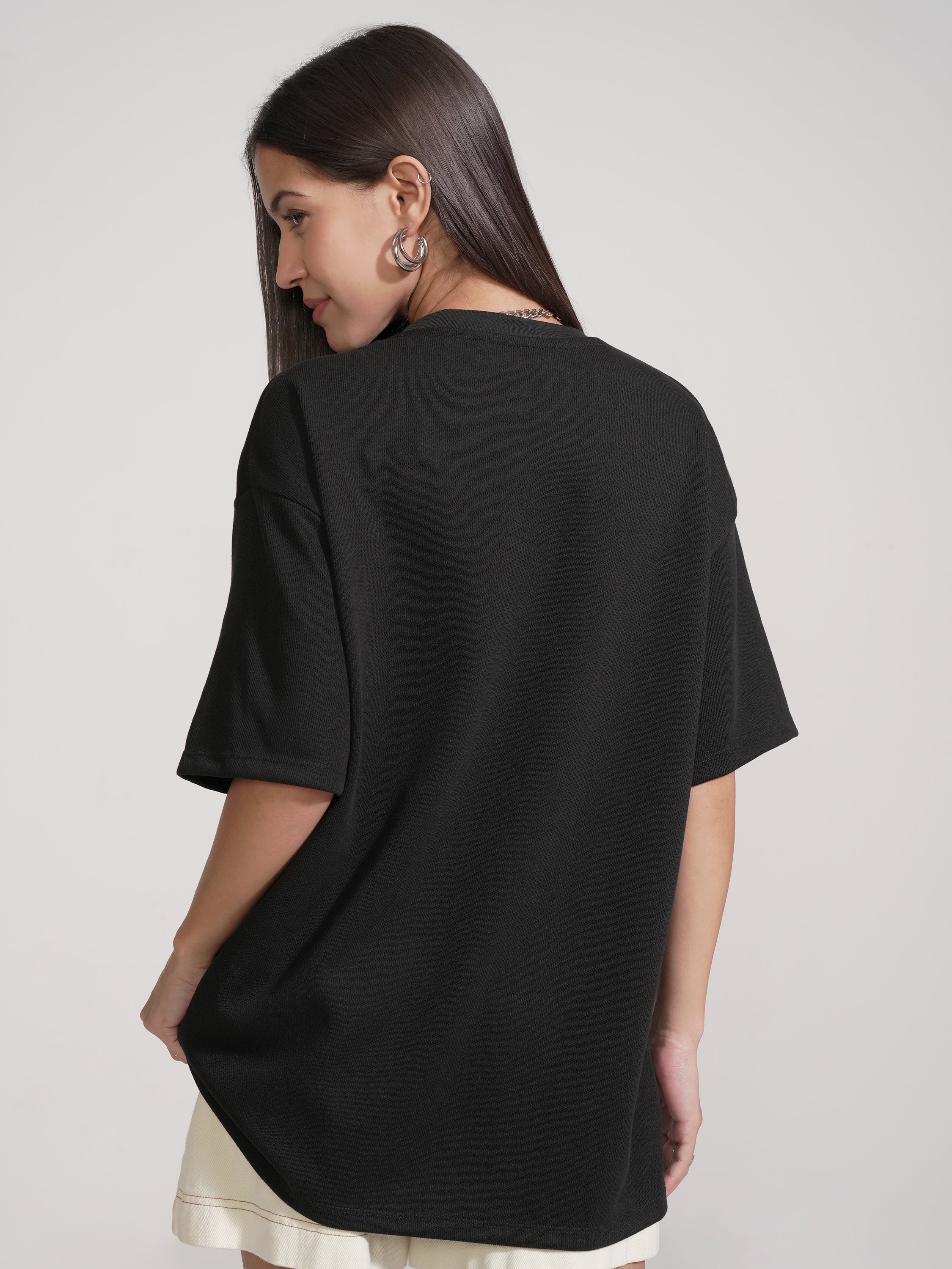 Tokyo Talkies Women Black Applique Round Neck Oversized Fit T-Shirt - Black - Image 3