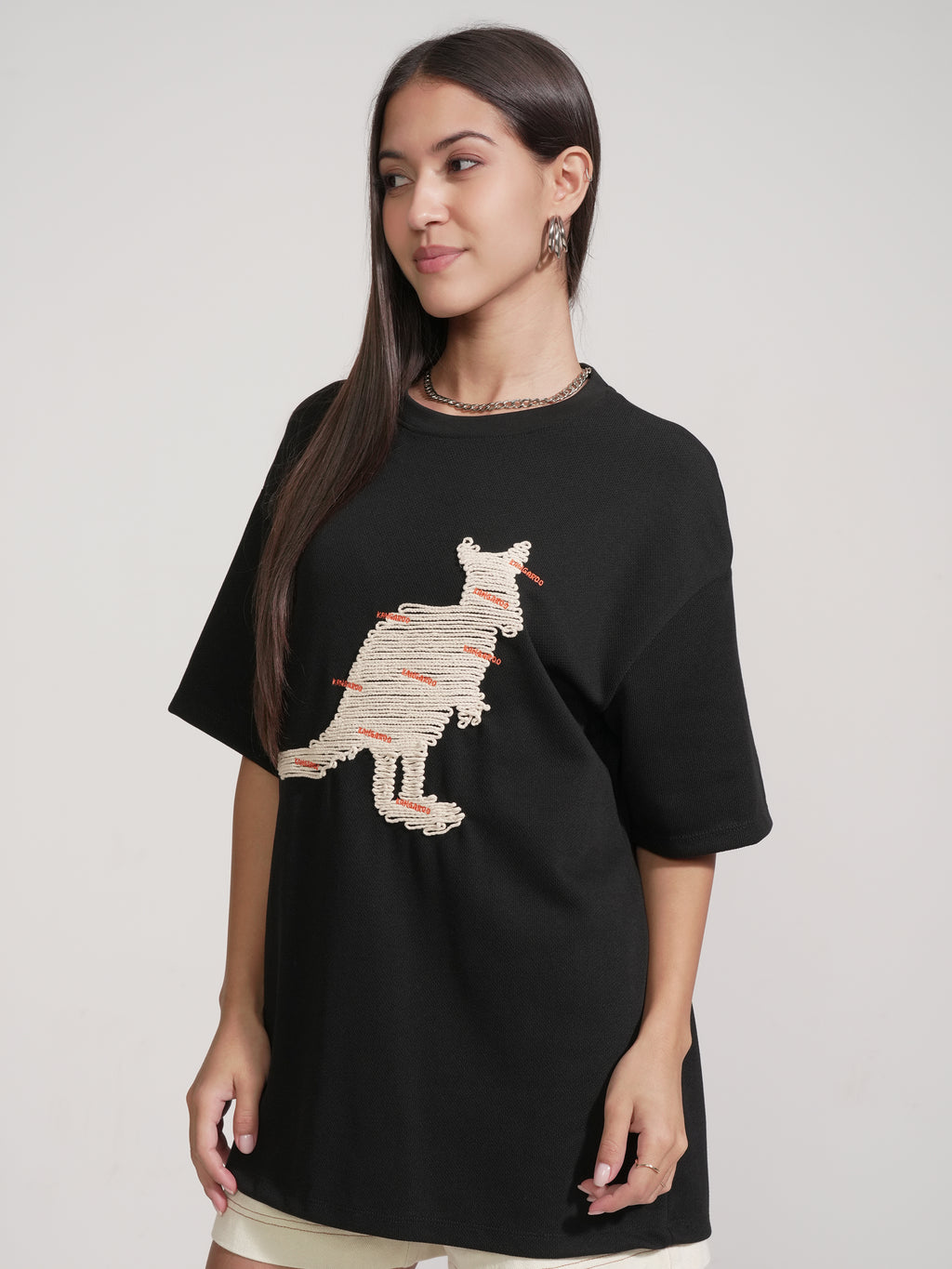Tokyo Talkies Women Black Applique Round Neck Oversized Fit T-Shirt - Black - Image 4
