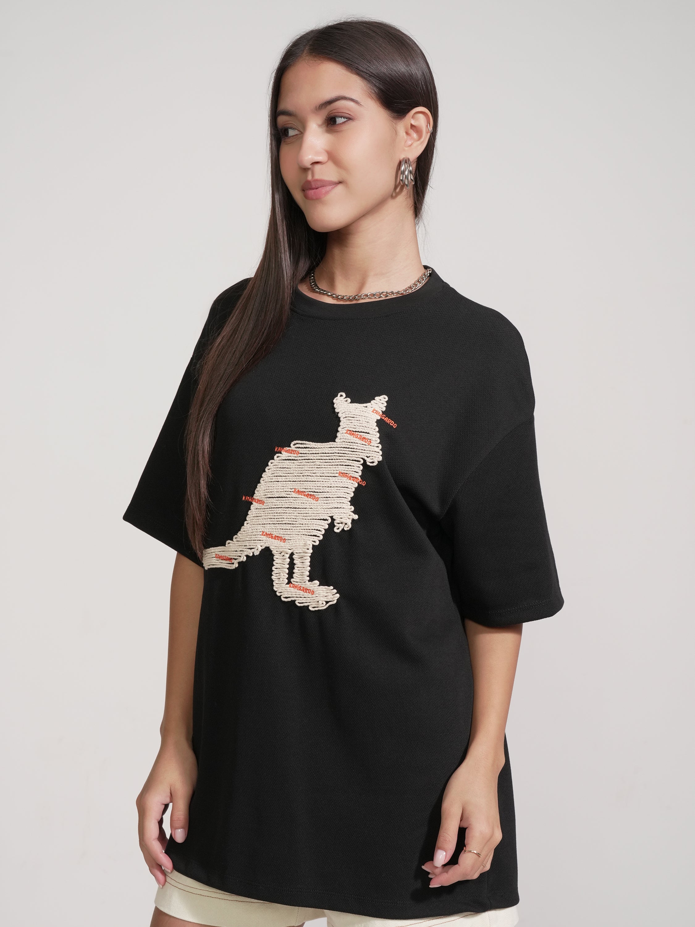 Tokyo Talkies Women Black Applique Round Neck Oversized Fit T-Shirt - Black - Image 4