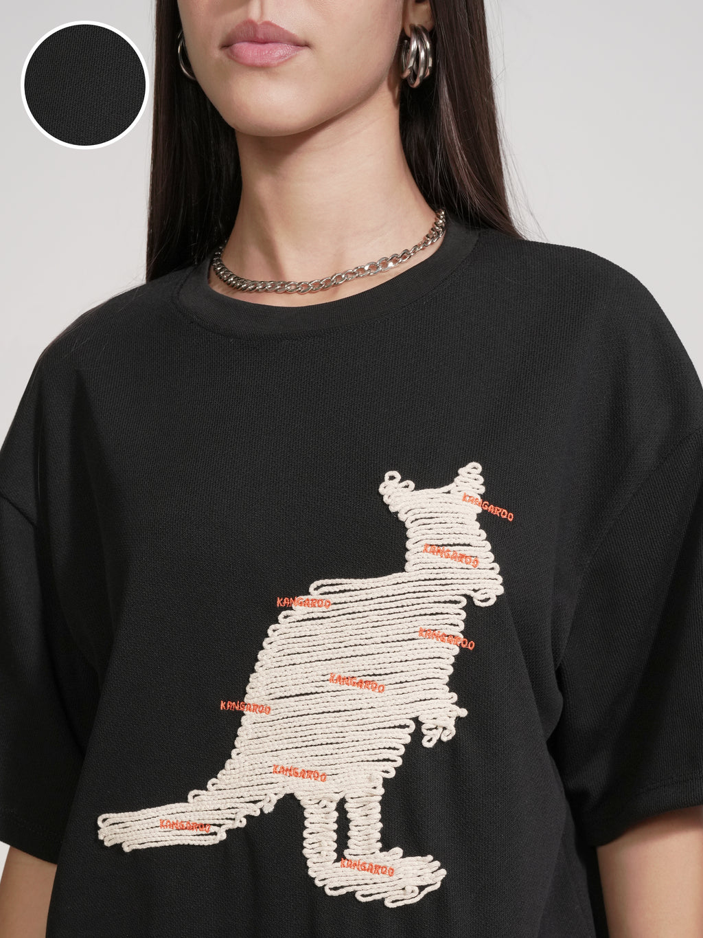 Tokyo Talkies Women Black Applique Round Neck Oversized Fit T-Shirt - Black - Image 5