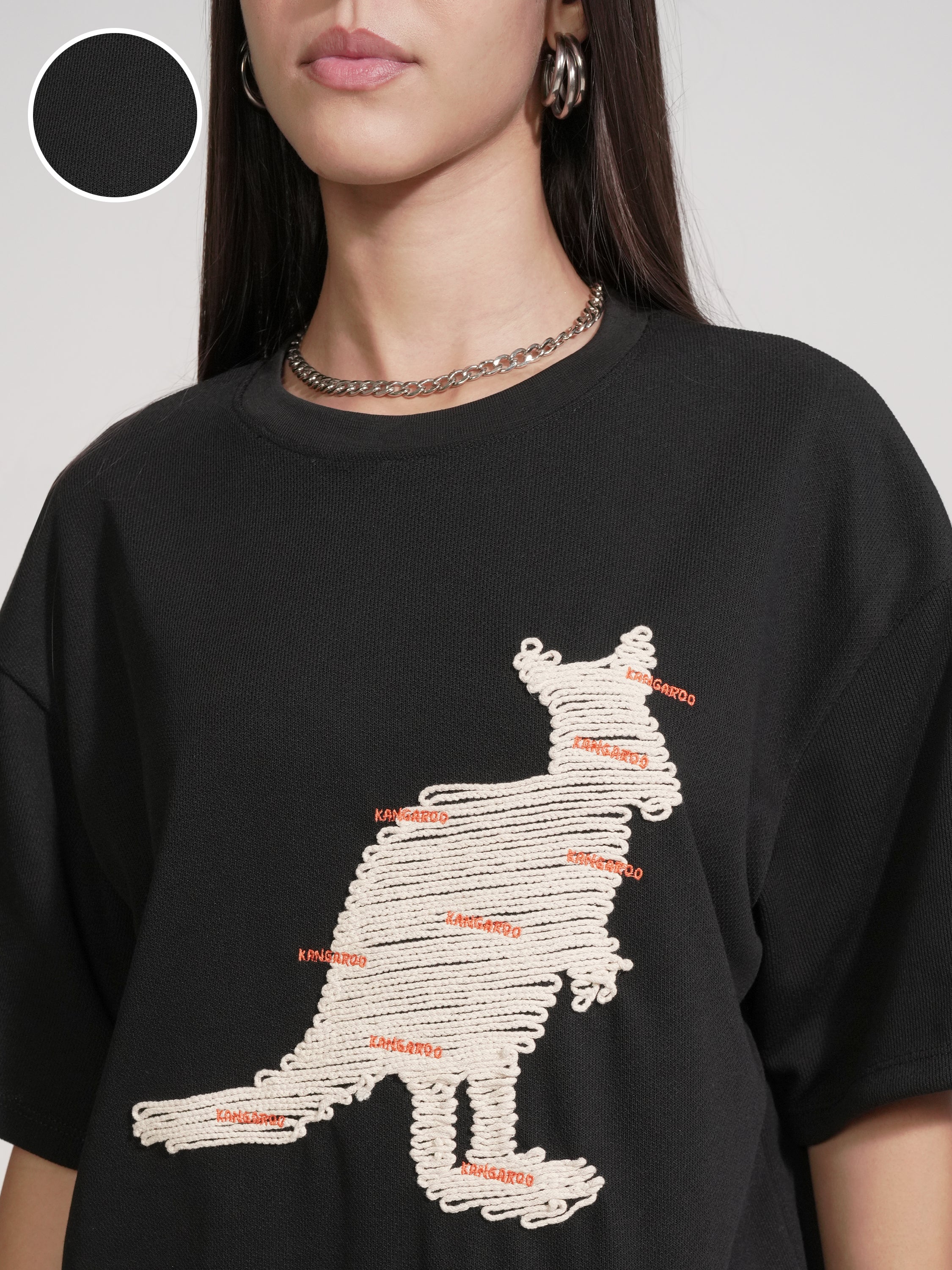 Tokyo Talkies Women Black Applique Round Neck Oversized Fit T-Shirt - Black - Image 5
