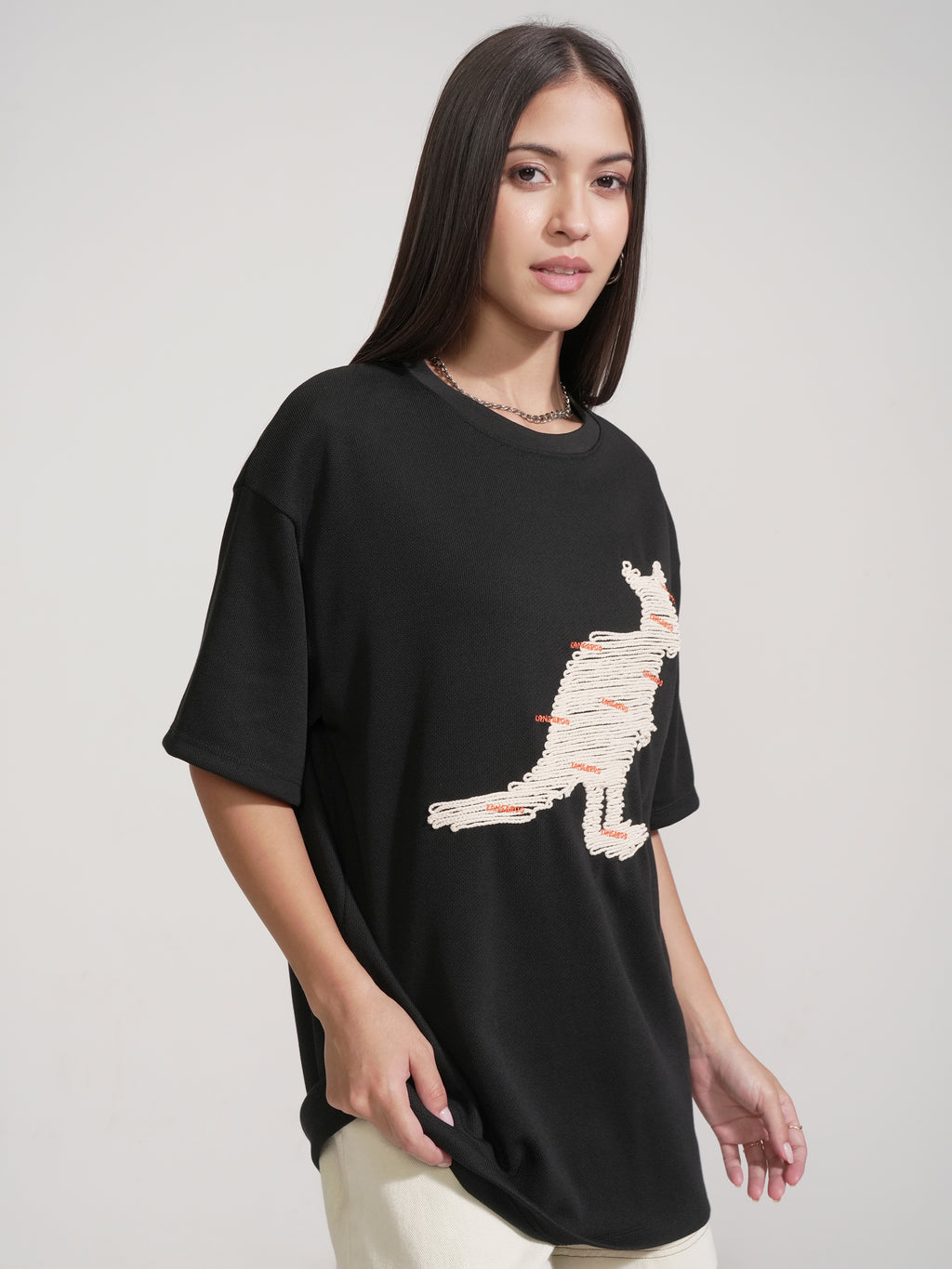 Tokyo Talkies Women Black Applique Round Neck Oversized Fit T-Shirt - Black - Image 6