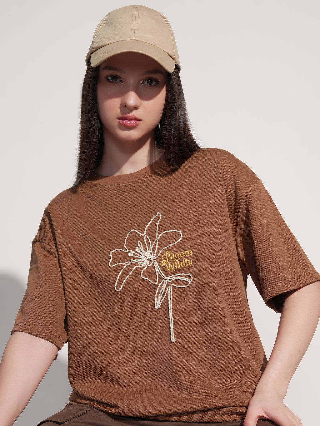 Tokyo Talkies Women Brown Embroidered Round Neck Oversized Fit T-Shirt - Brown - Image 1