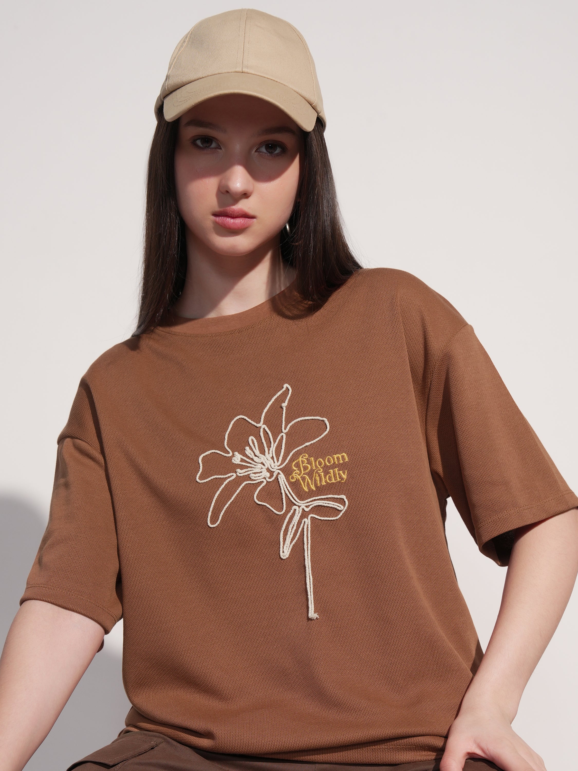 Tokyo Talkies Women Brown Embroidered Round Neck Oversized Fit T-Shirt - Brown - Image 1