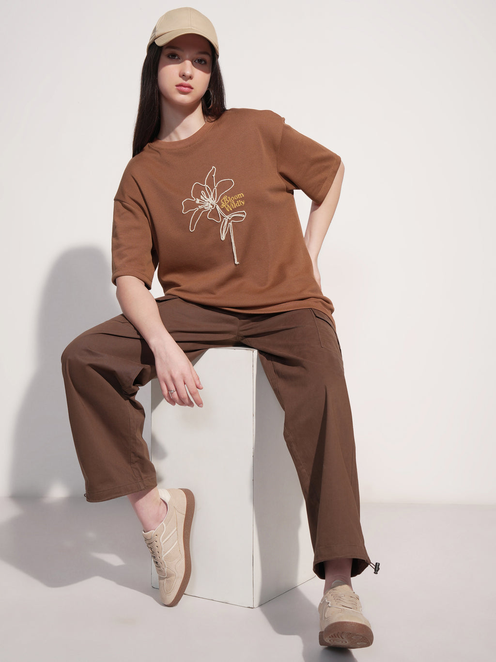 Tokyo Talkies Women Brown Embroidered Round Neck Oversized Fit T-Shirt - Brown - Image 2