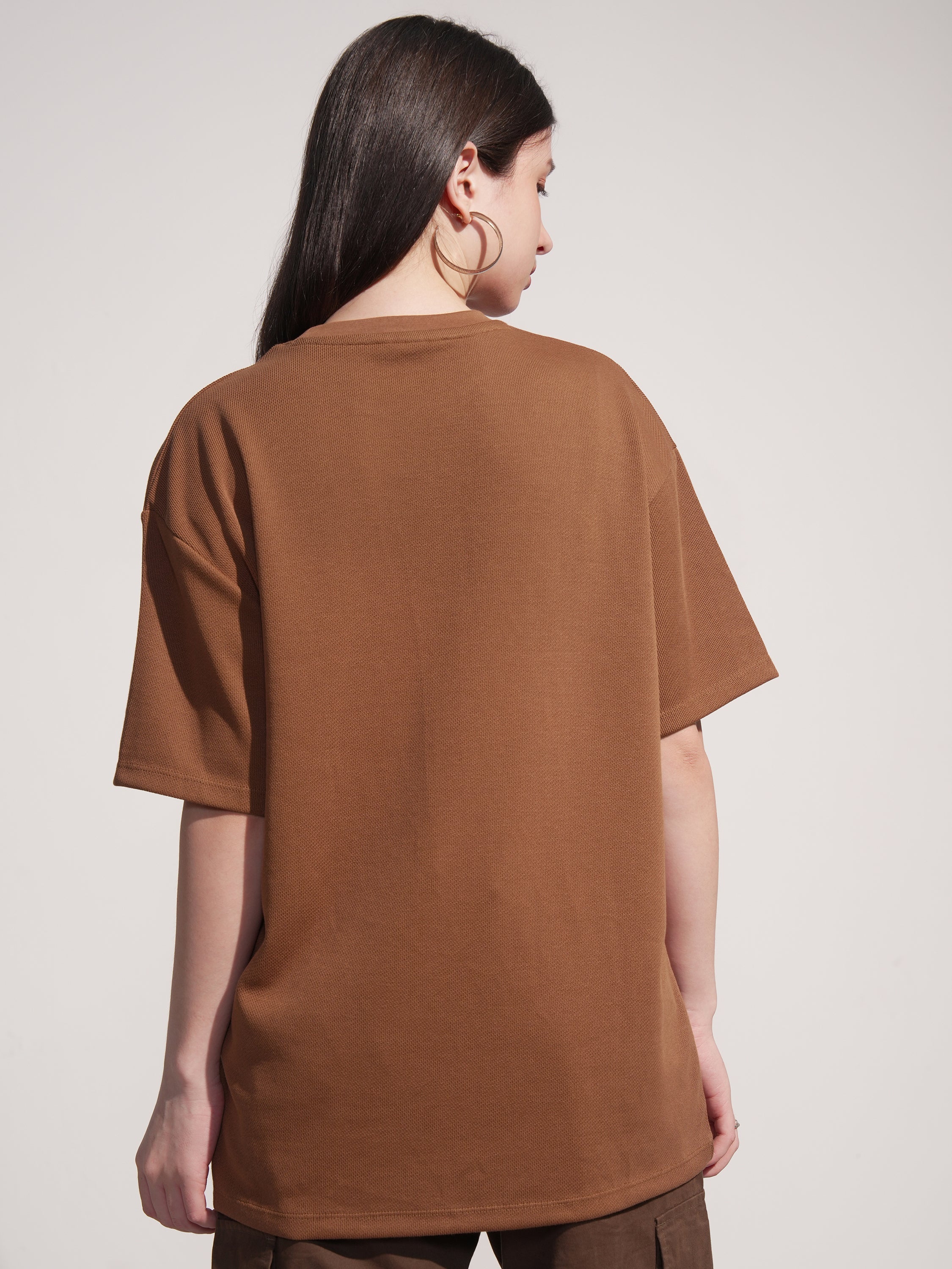 Tokyo Talkies Women Brown Embroidered Round Neck Oversized Fit T-Shirt - Brown - Image 3