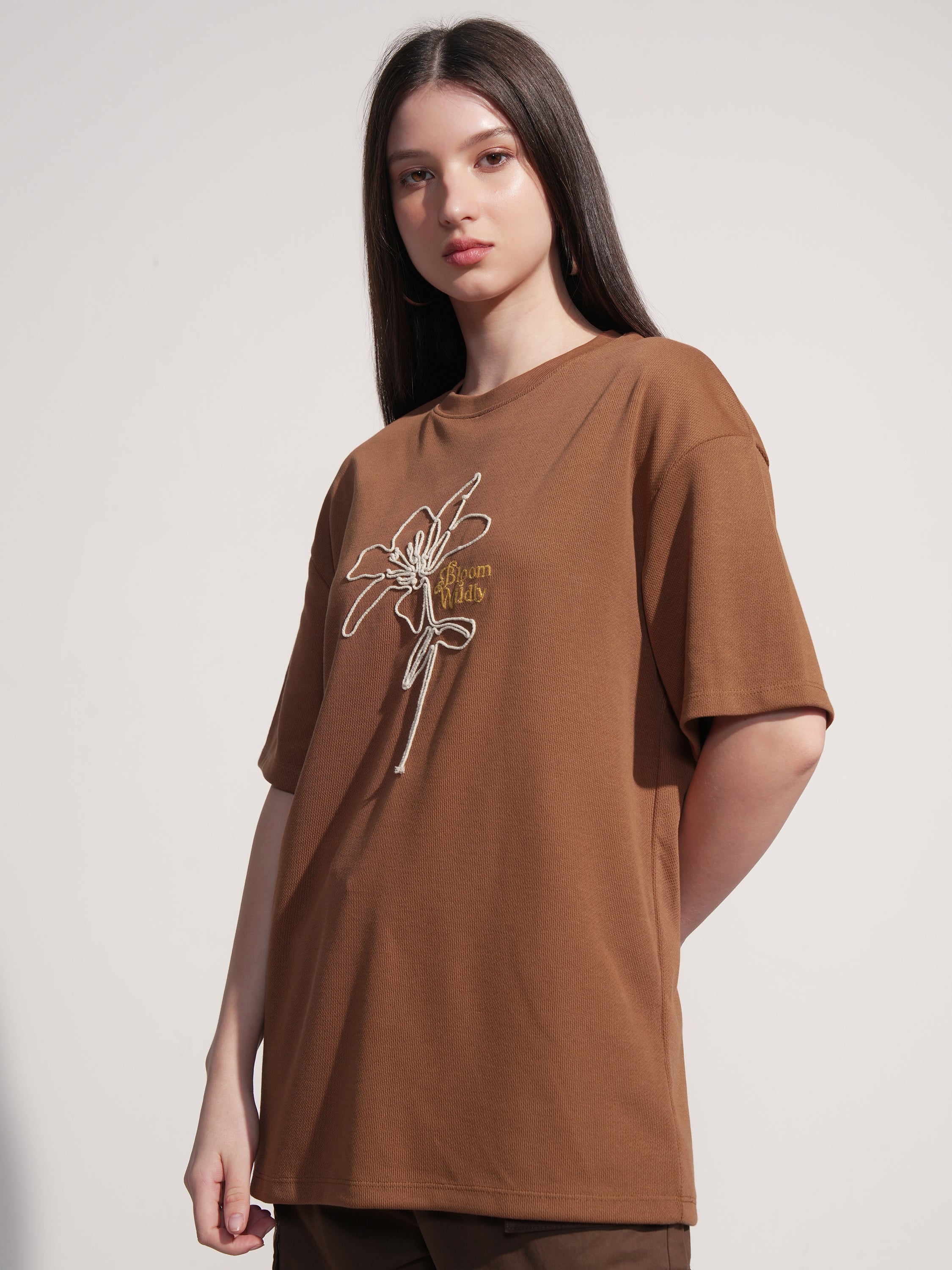 Tokyo Talkies Women Brown Embroidered Round Neck Oversized Fit T-Shirt - Brown - Image 4