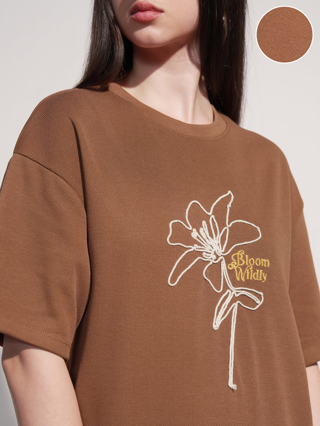Tokyo Talkies Women Brown Embroidered Round Neck Oversized Fit T-Shirt - Brown - Image 5
