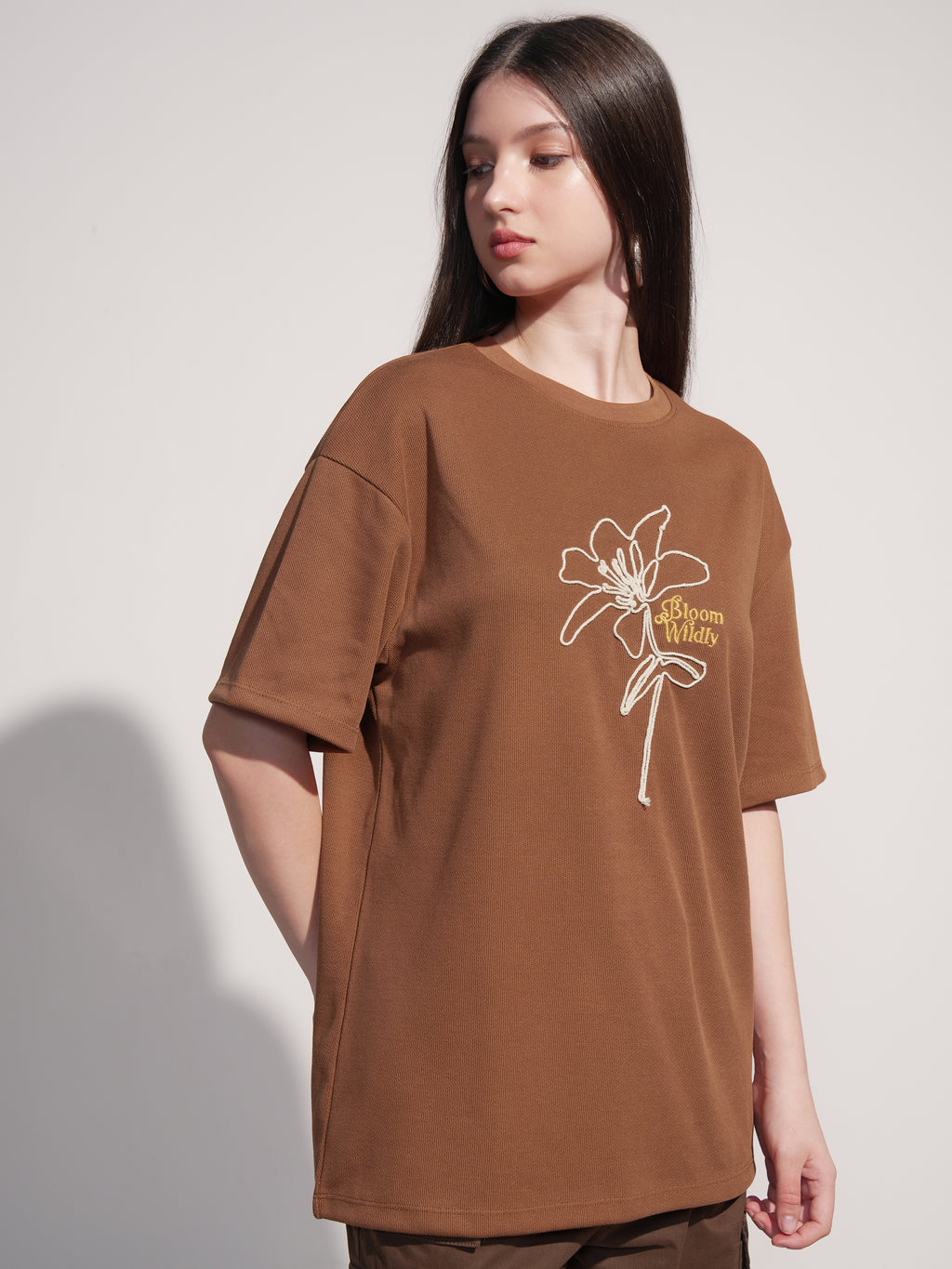 Tokyo Talkies Women Brown Embroidered Round Neck Oversized Fit T-Shirt - Brown - Image 6