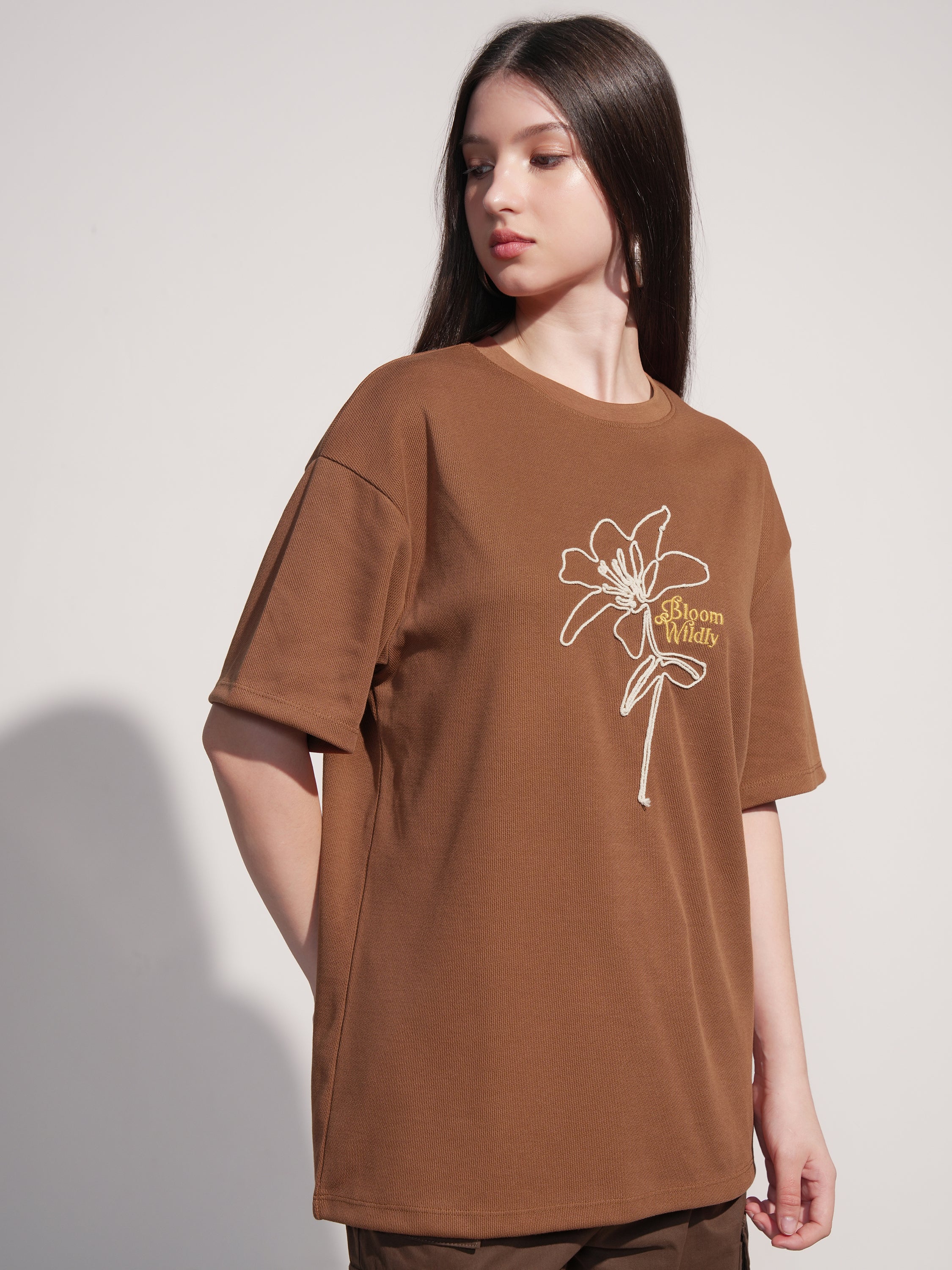 Tokyo Talkies Women Brown Embroidered Round Neck Oversized Fit T-Shirt - Brown - Image 6