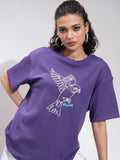 Tokyo Talkies Women Purple Embroidered Round Neck Oversized Fit T-Shirt - Purple - Image 1