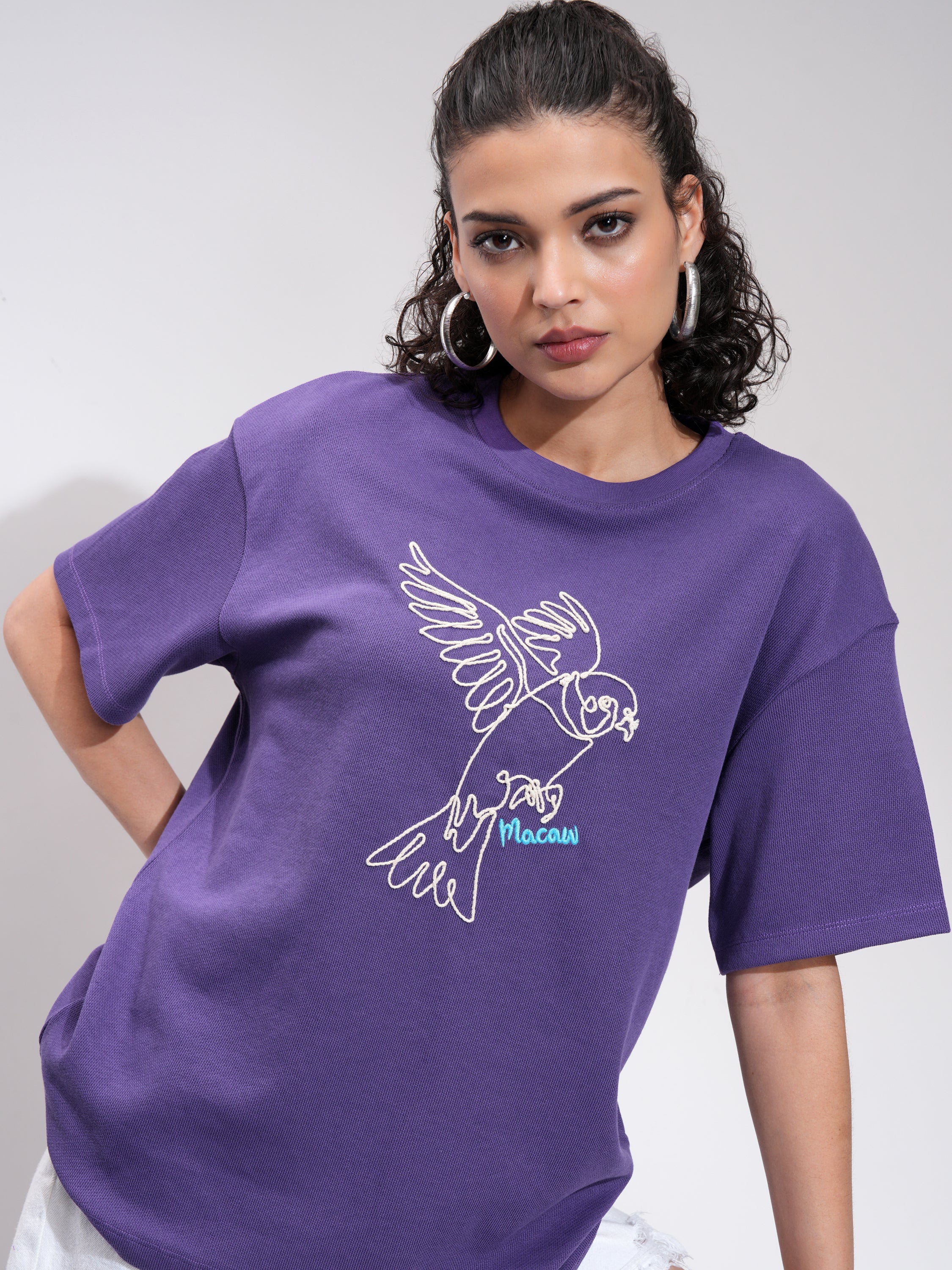 Tokyo Talkies Women Purple Embroidered Round Neck Oversized Fit T-Shirt - Purple - Image 1