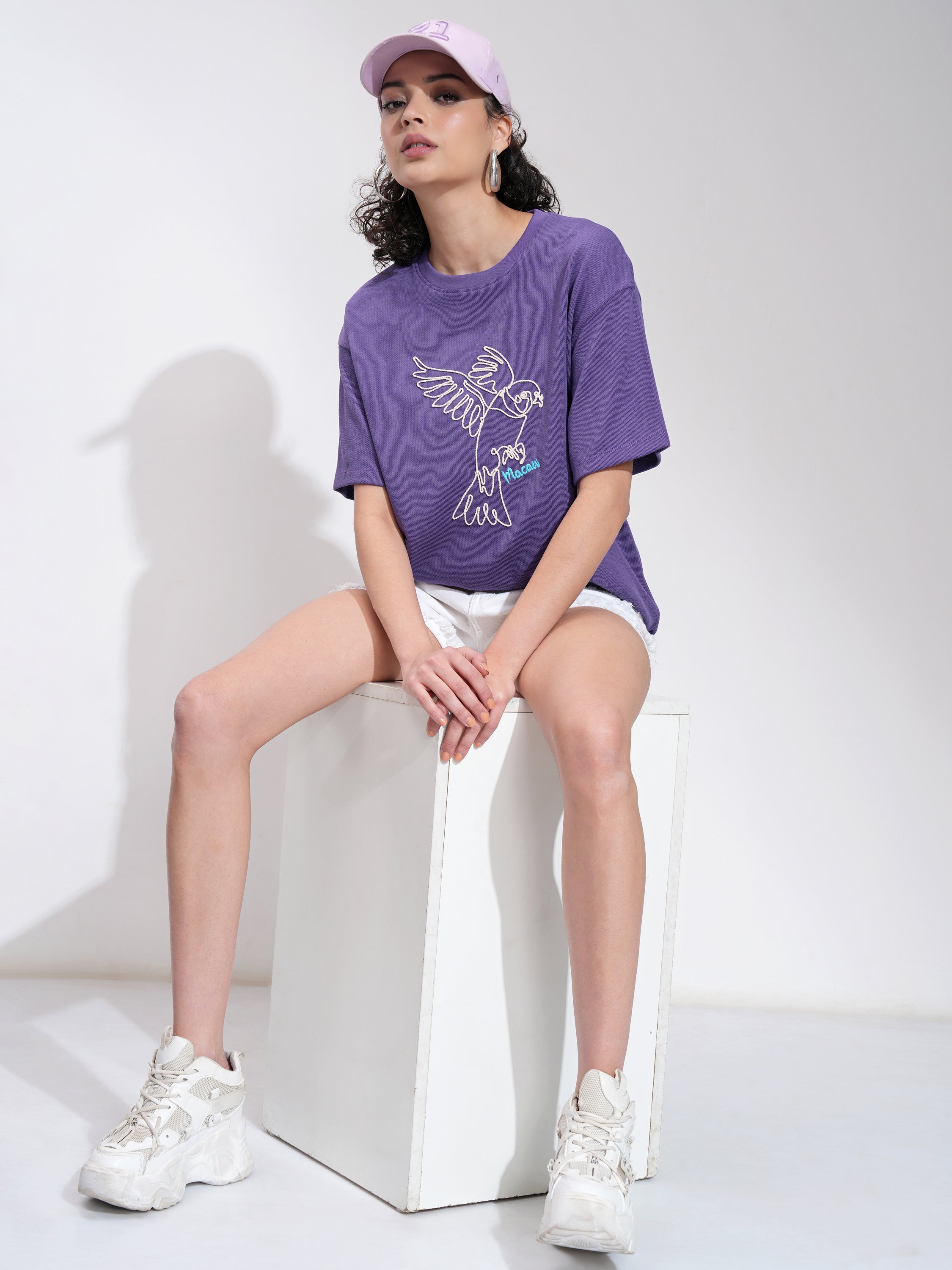 Tokyo Talkies Women Purple Embroidered Round Neck Oversized Fit T-Shirt - Purple - Image 2