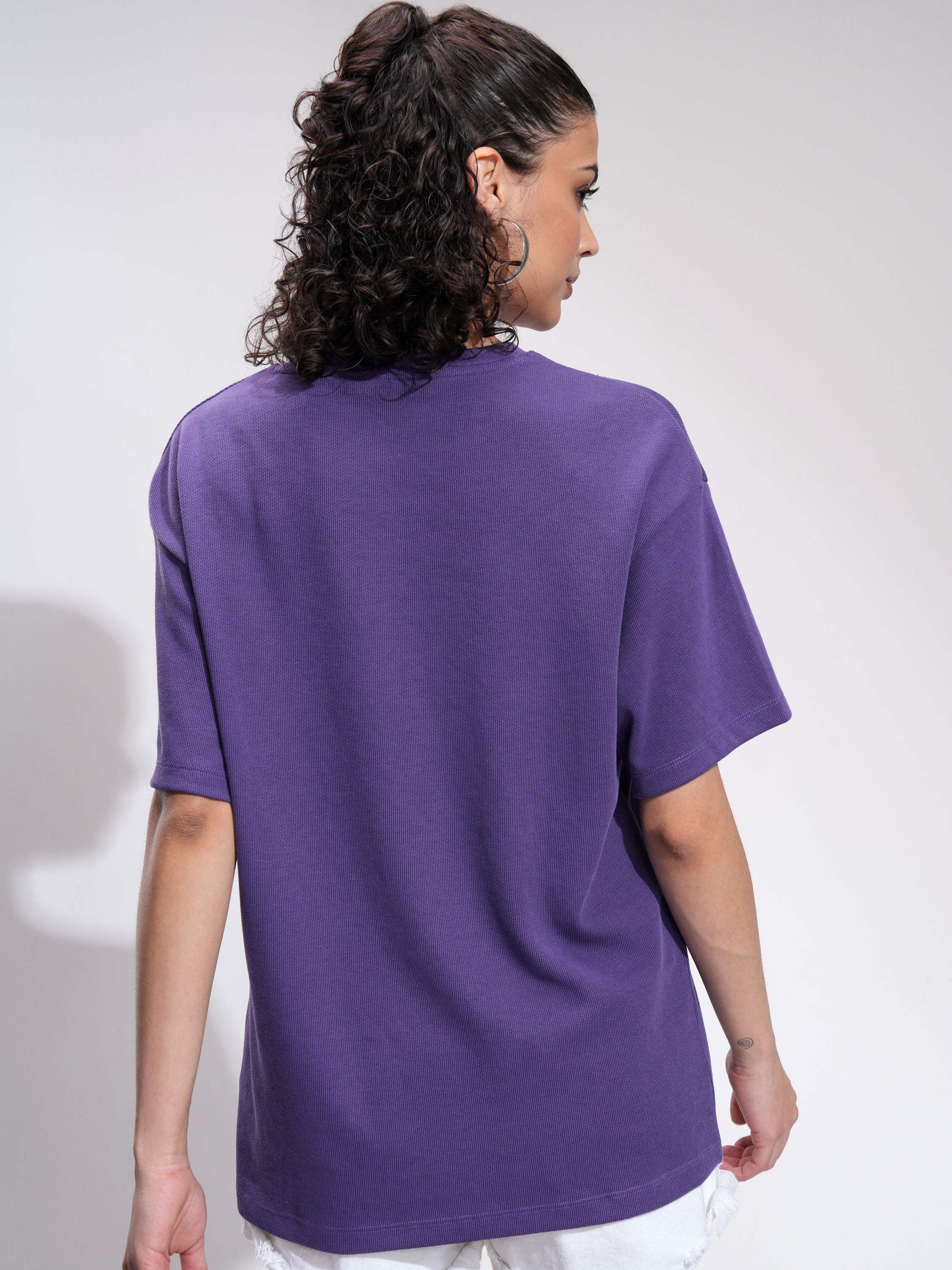 Tokyo Talkies Women Purple Embroidered Round Neck Oversized Fit T-Shirt - Purple - Image 3