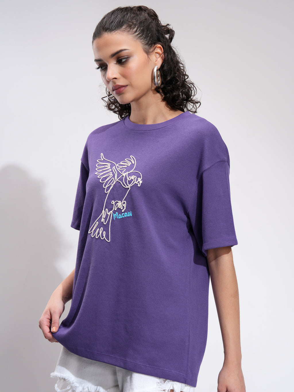 Tokyo Talkies Women Purple Embroidered Round Neck Oversized Fit T-Shirt - Purple - Image 4