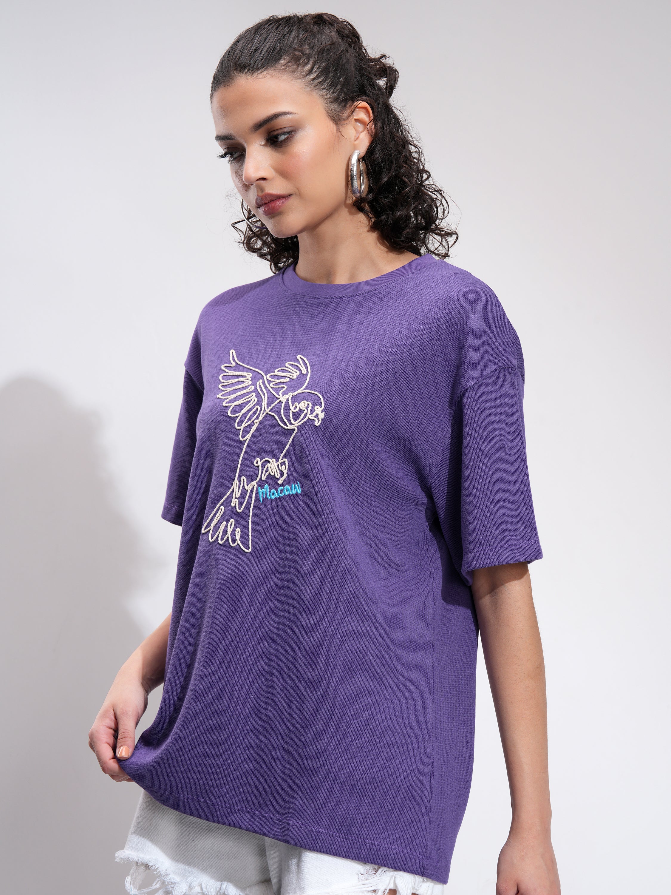 Tokyo Talkies Women Purple Embroidered Round Neck Oversized Fit T-Shirt - Purple - Image 4