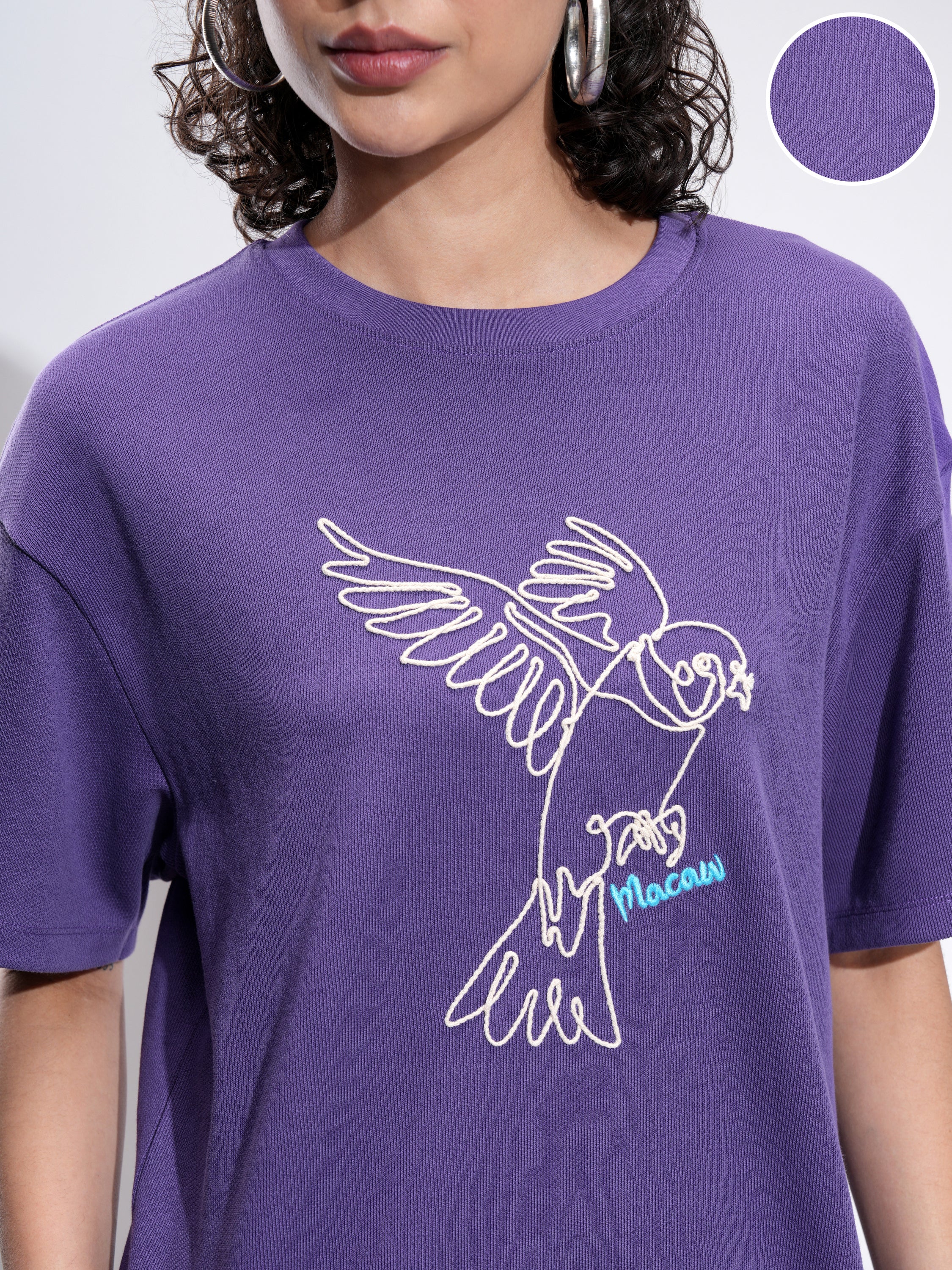 Tokyo Talkies Women Purple Embroidered Round Neck Oversized Fit T-Shirt - Purple - Image 5