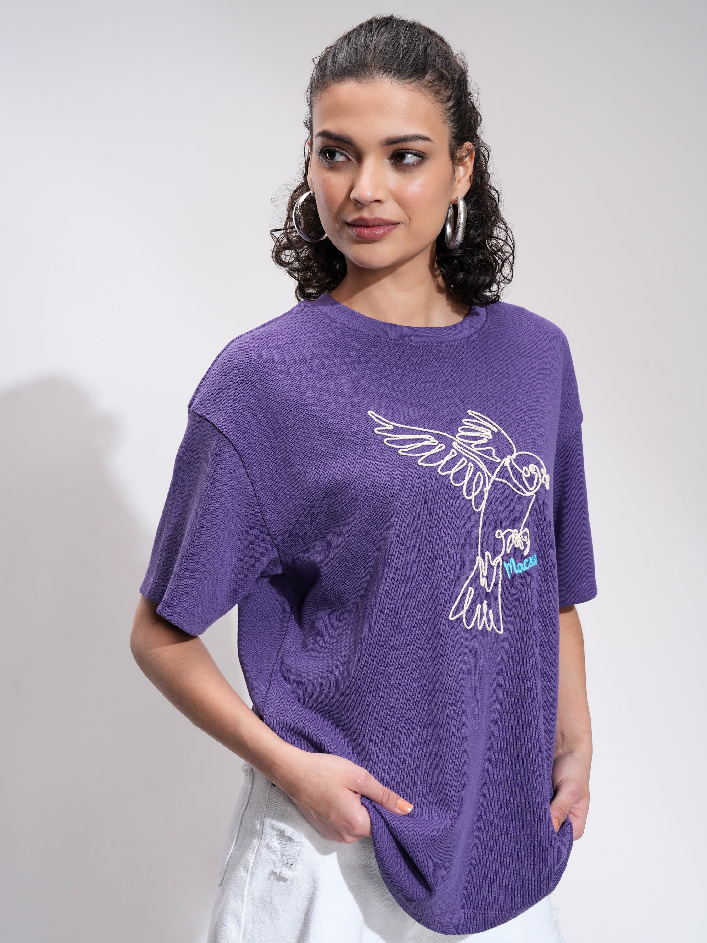 Tokyo Talkies Women Purple Embroidered Round Neck Oversized Fit T-Shirt - Purple - Image 6