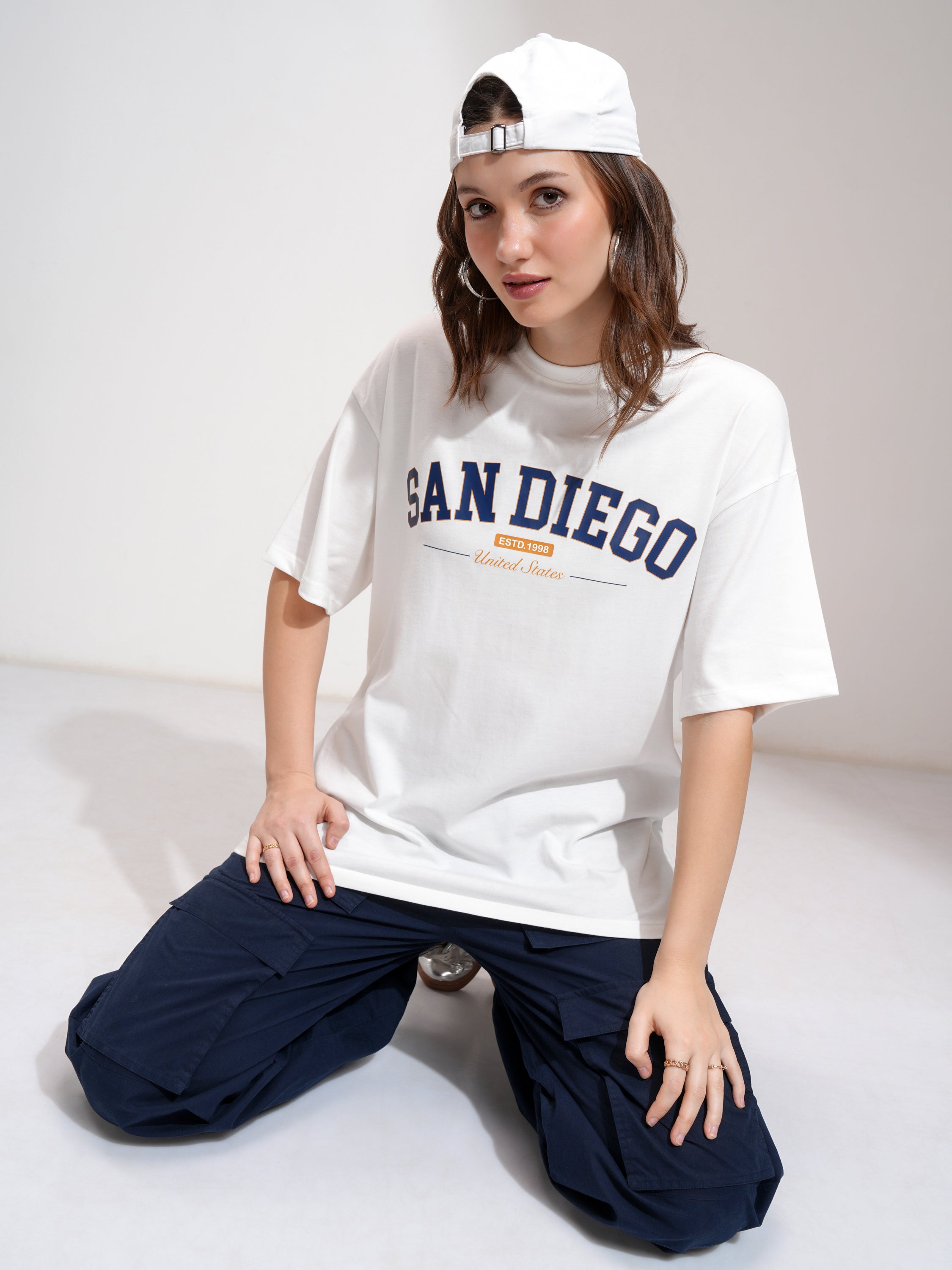 Tokyo Talkies Women White Printed Round Neck Oversized Fit T-Shirt - White - Image 2