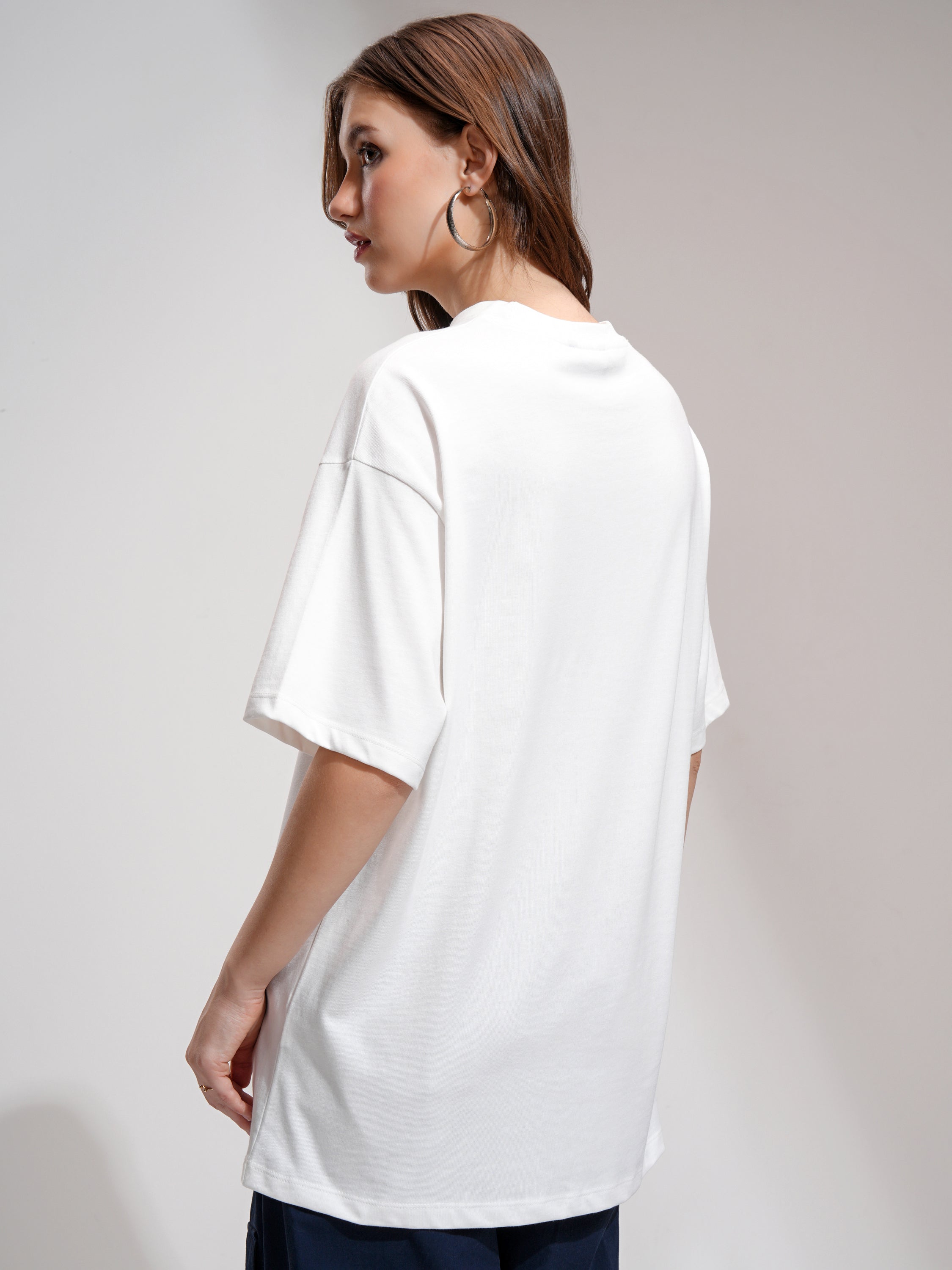 Tokyo Talkies Women White Printed Round Neck Oversized Fit T-Shirt - White - Image 3