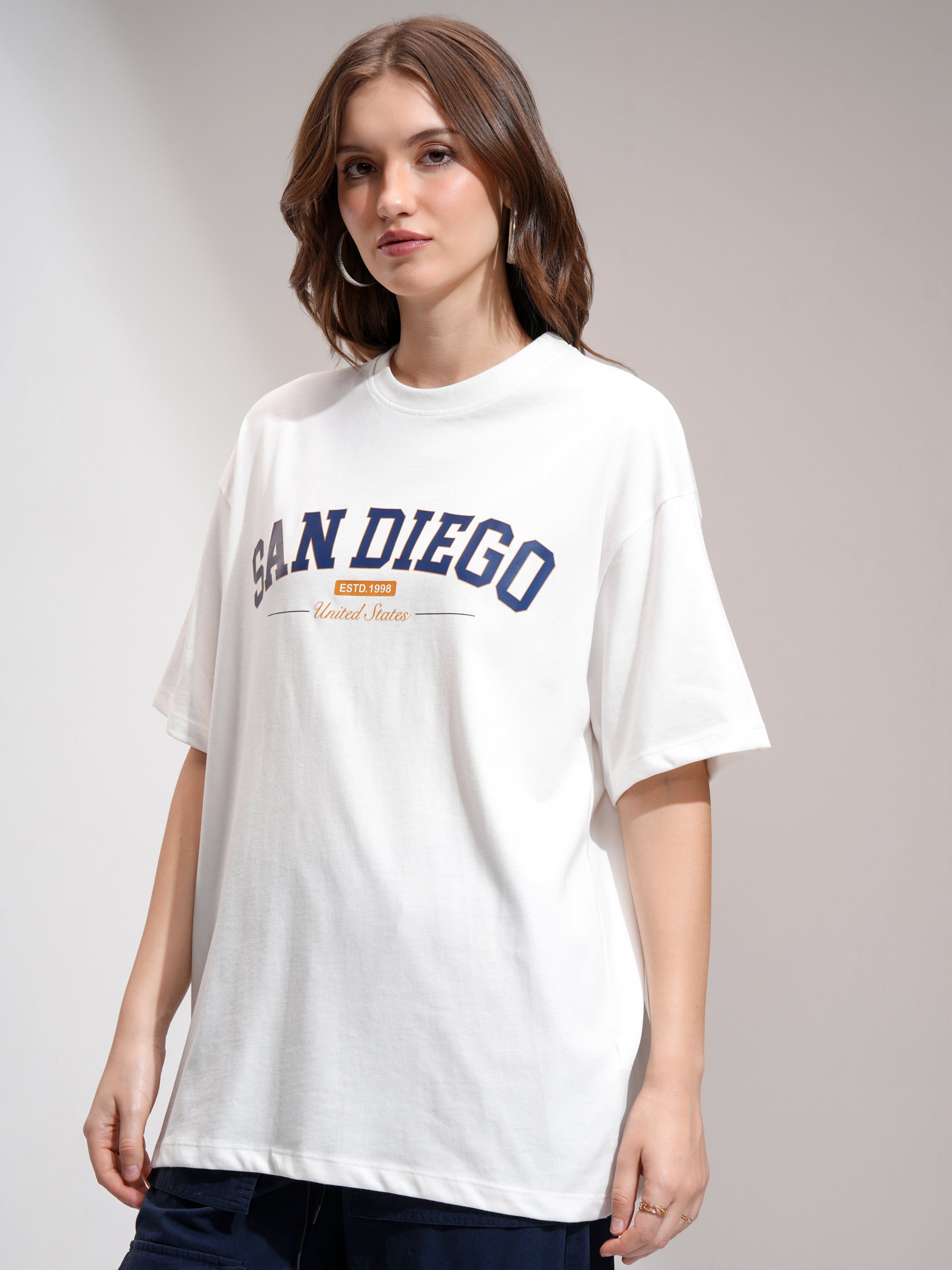 Tokyo Talkies Women White Printed Round Neck Oversized Fit T-Shirt - White - Image 4