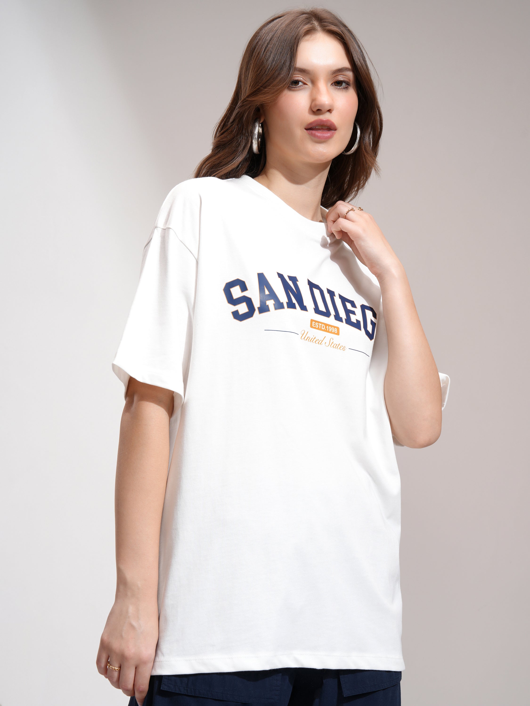 Tokyo Talkies Women White Printed Round Neck Oversized Fit T-Shirt - White - Image 6