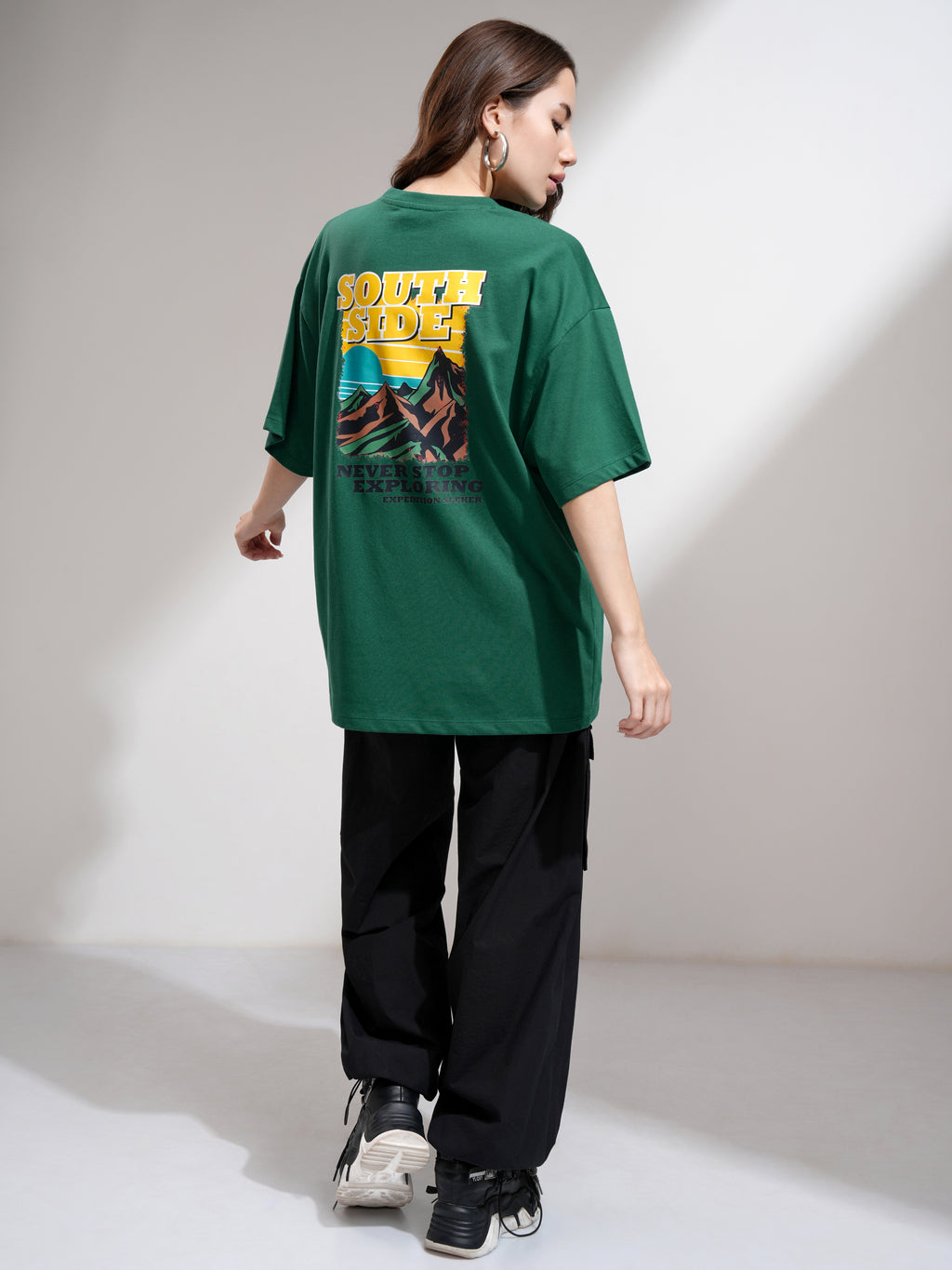 Tokyo Talkies Women Green Printed Round Neck Oversized Fit T-Shirt - Green - Image 2