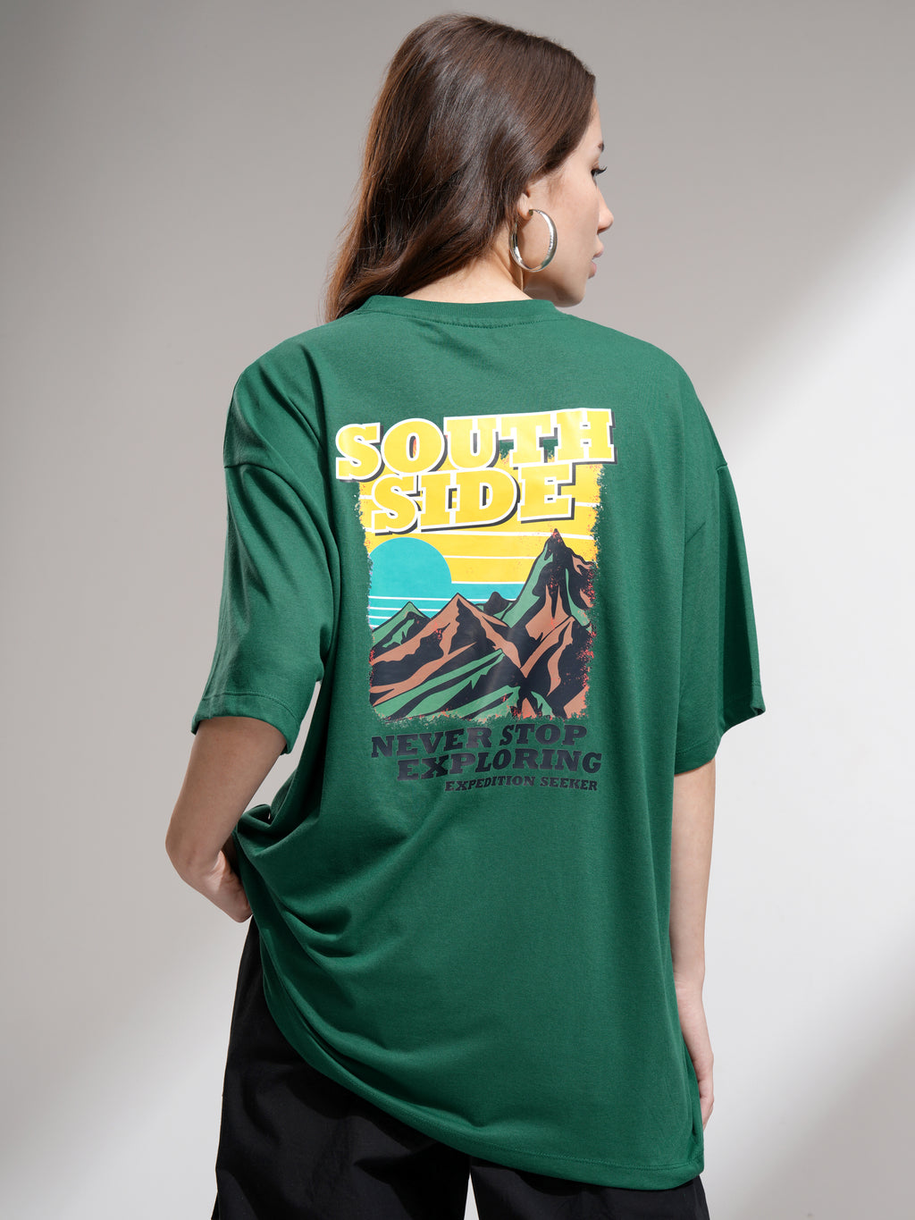 Tokyo Talkies Women Green Printed Round Neck Oversized Fit T-Shirt - Green - Image 3
