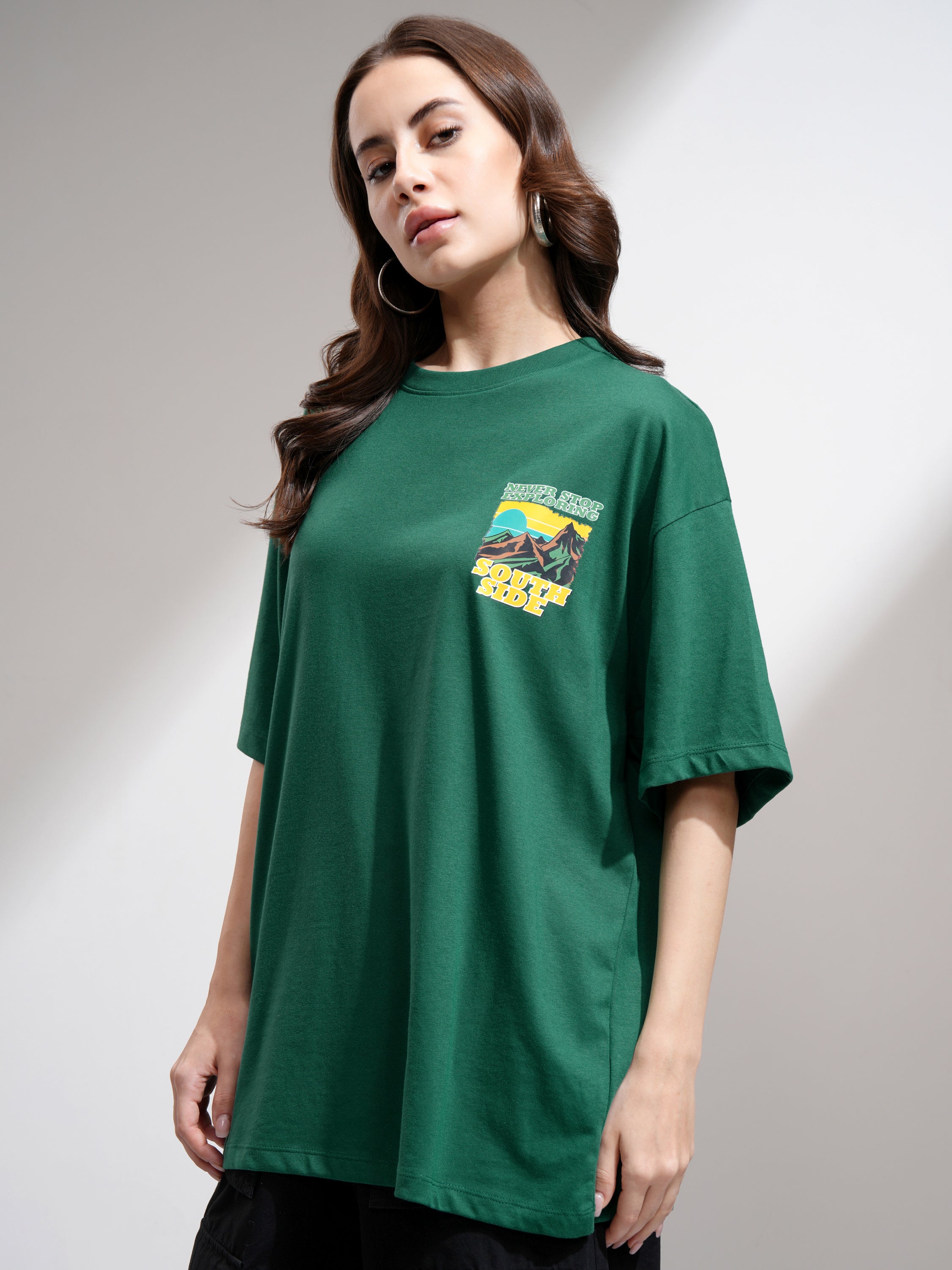 Tokyo Talkies Women Green Printed Round Neck Oversized Fit T-Shirt - Green - Image 4