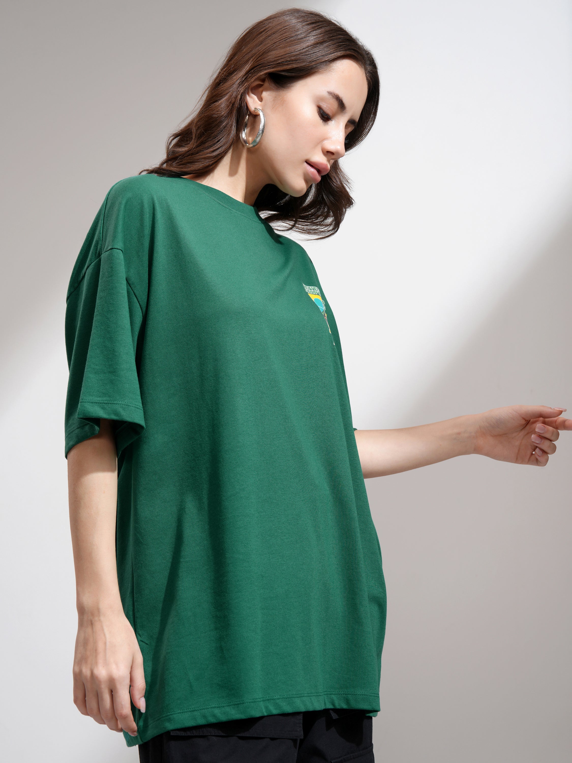 Tokyo Talkies Women Green Printed Round Neck Oversized Fit T-Shirt - Green - Image 6