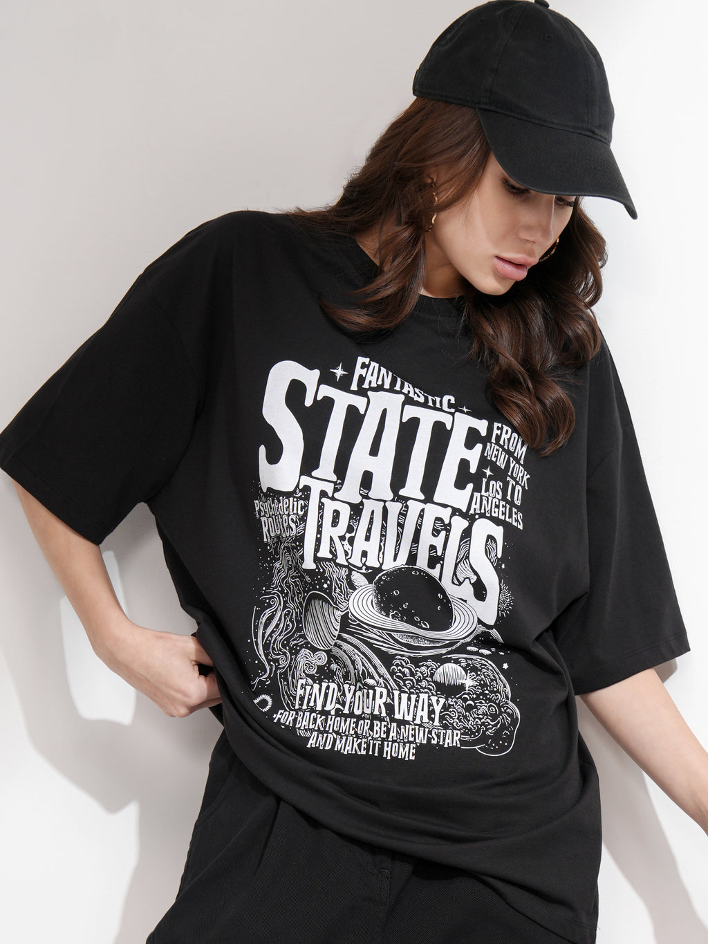 Tokyo Talkies Women Black Printed Round Neck Oversized Fit T-Shirt - Black - Image 1