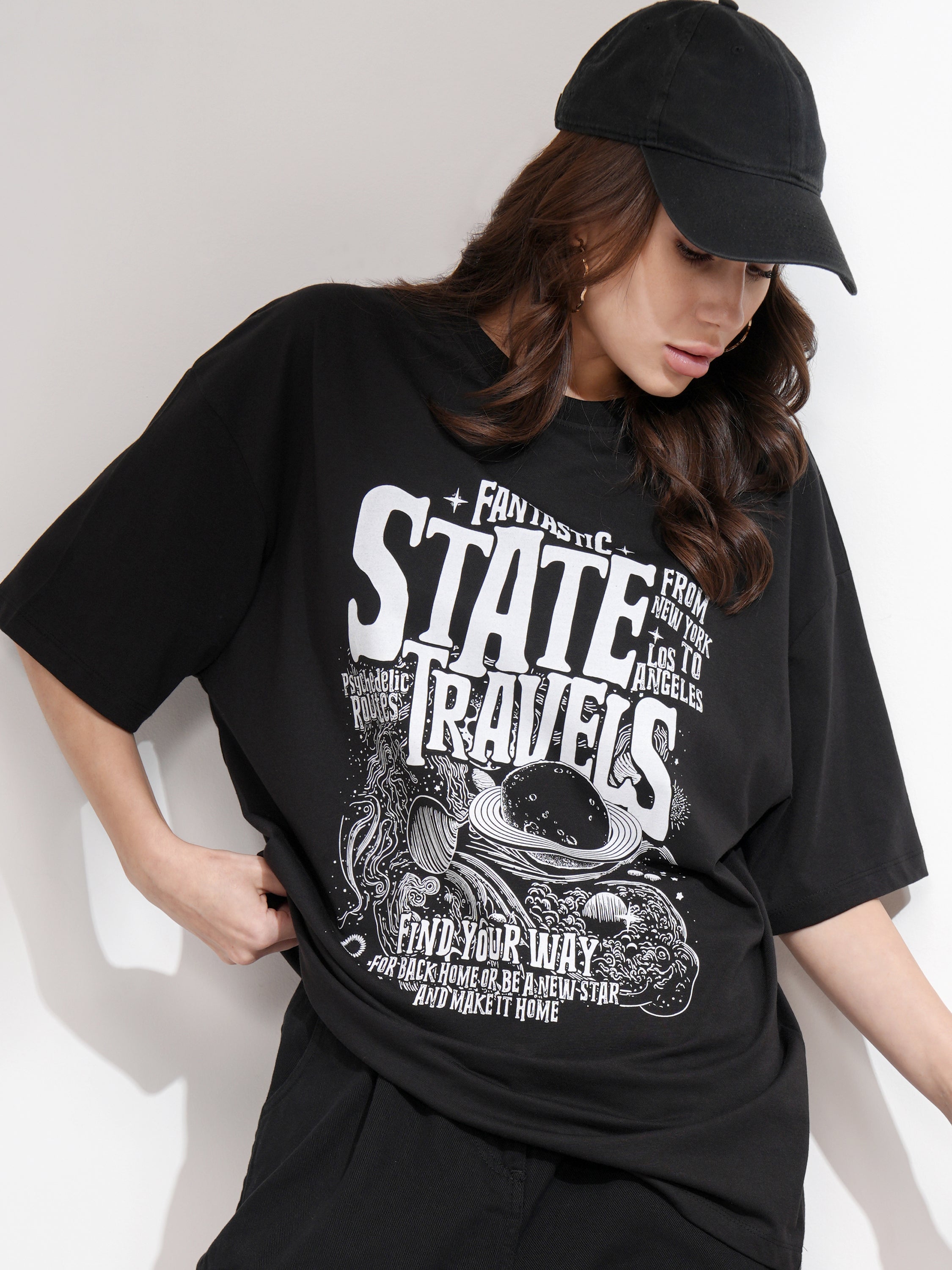Tokyo Talkies Women Black Printed Round Neck Oversized Fit T-Shirt - Black - Image 1