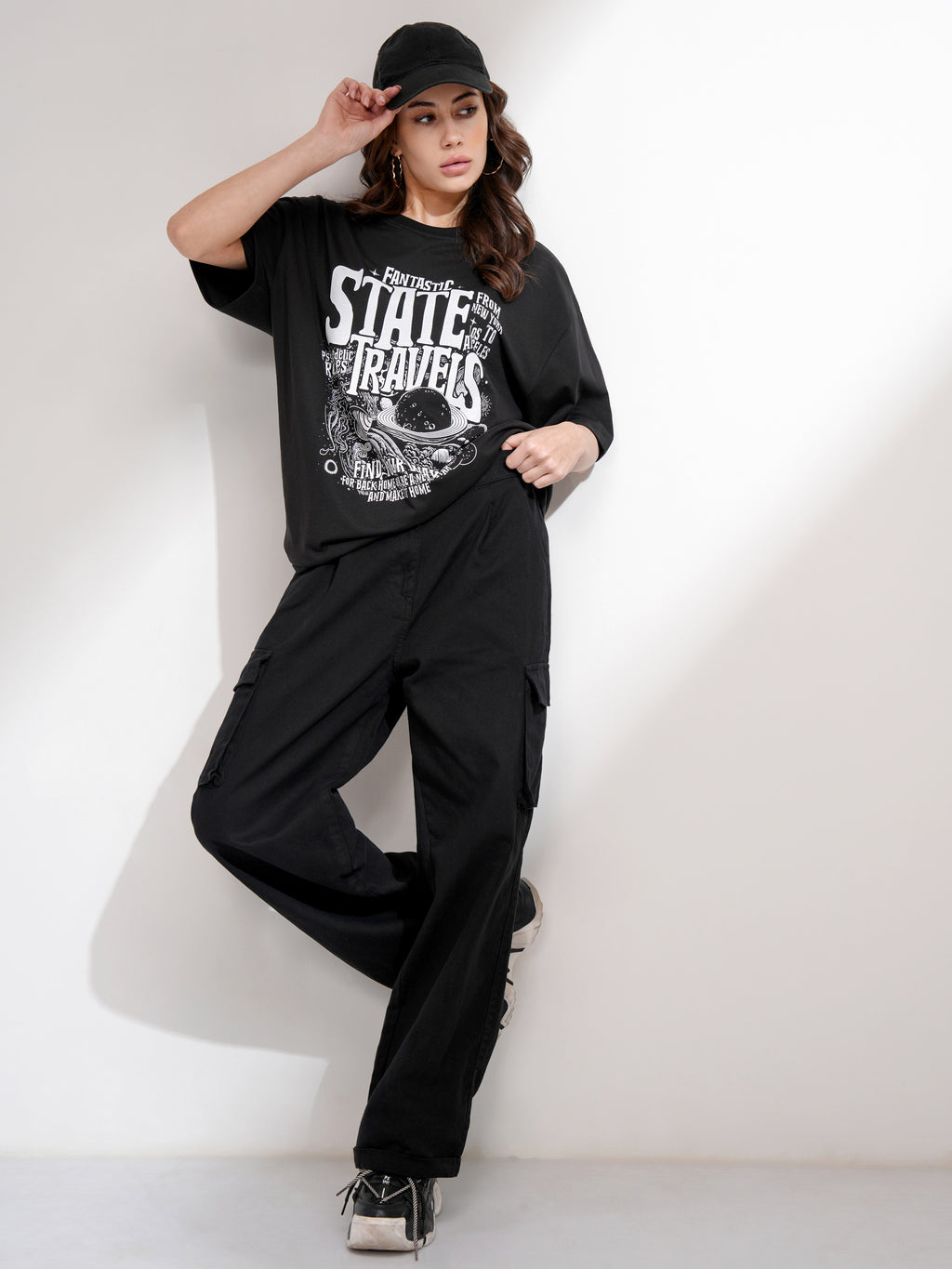 Tokyo Talkies Women Black Printed Round Neck Oversized Fit T-Shirt - Black - Image 2
