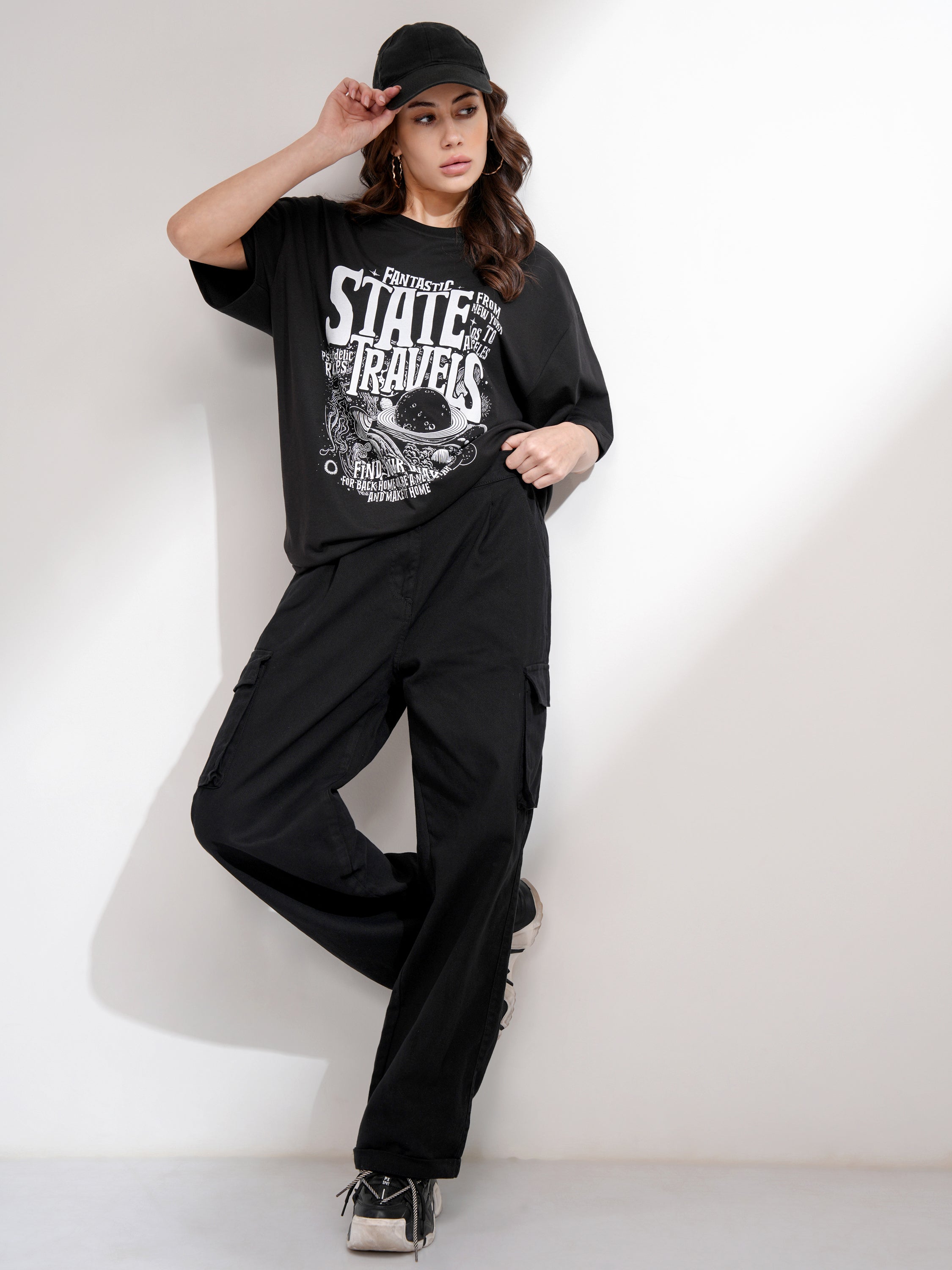 Tokyo Talkies Women Black Printed Round Neck Oversized Fit T-Shirt - Black - Image 2