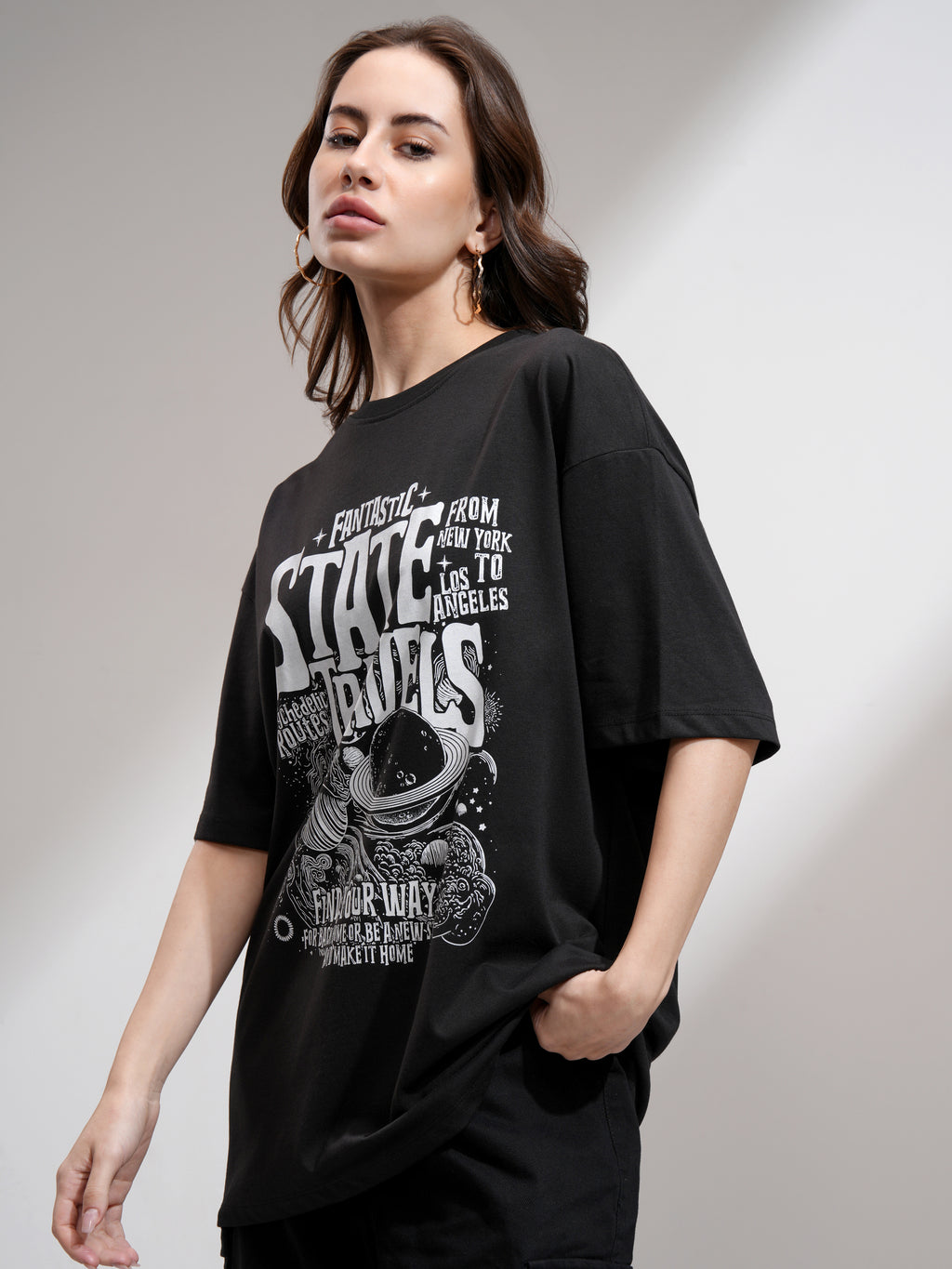 Tokyo Talkies Women Black Printed Round Neck Oversized Fit T-Shirt - Black - Image 4