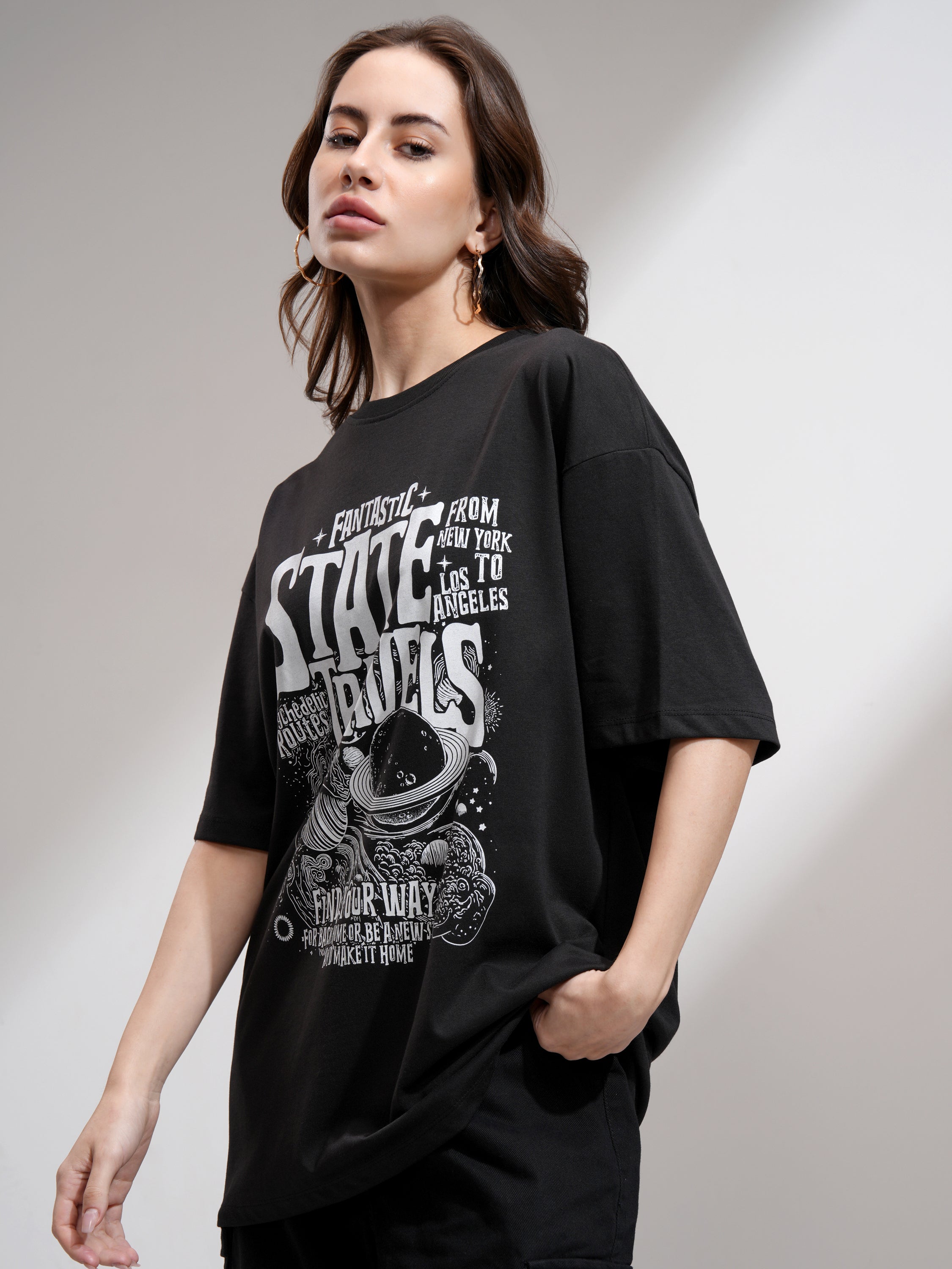 Tokyo Talkies Women Black Printed Round Neck Oversized Fit T-Shirt - Black - Image 4