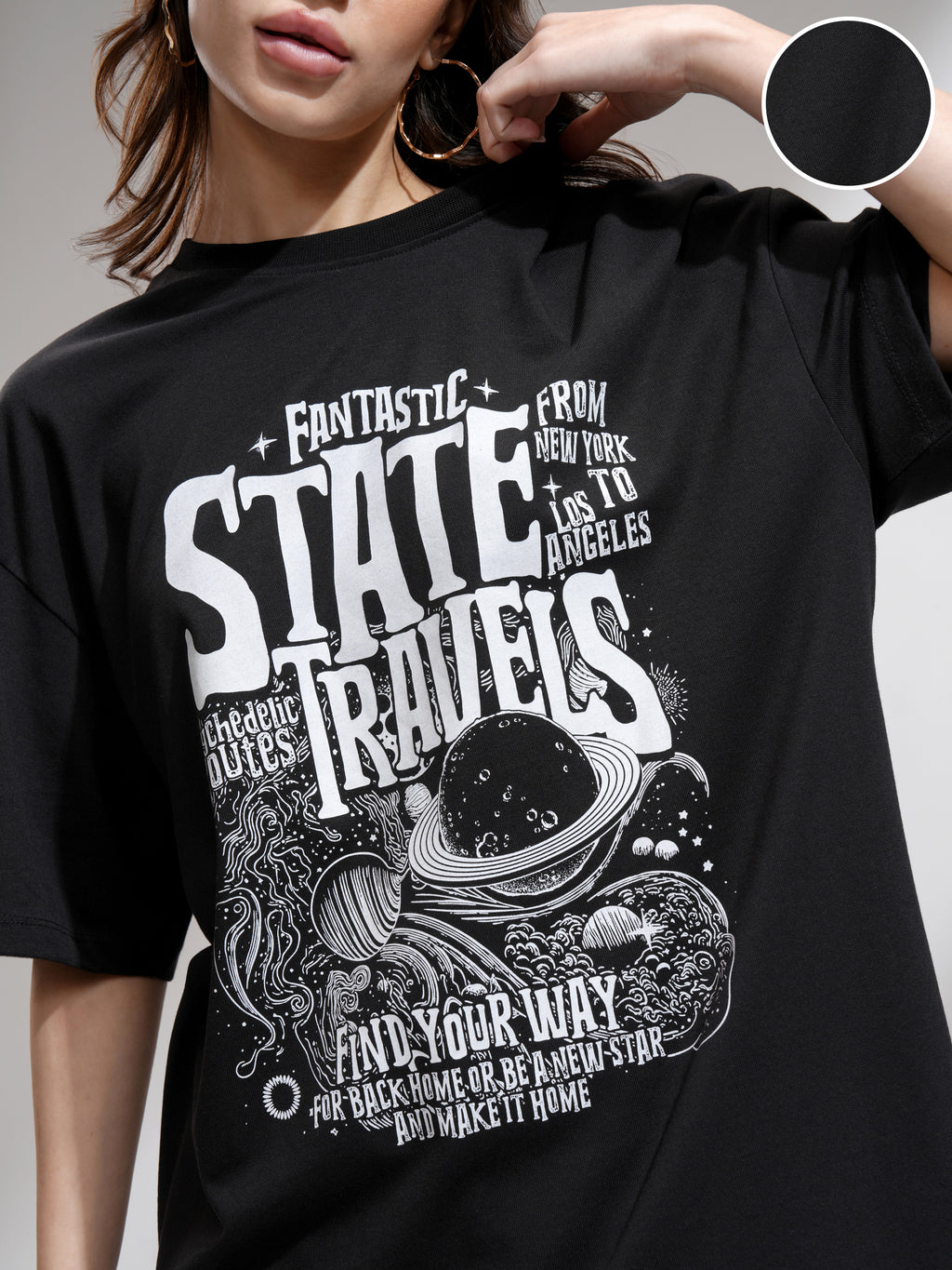 Tokyo Talkies Women Black Printed Round Neck Oversized Fit T-Shirt - Black - Image 5