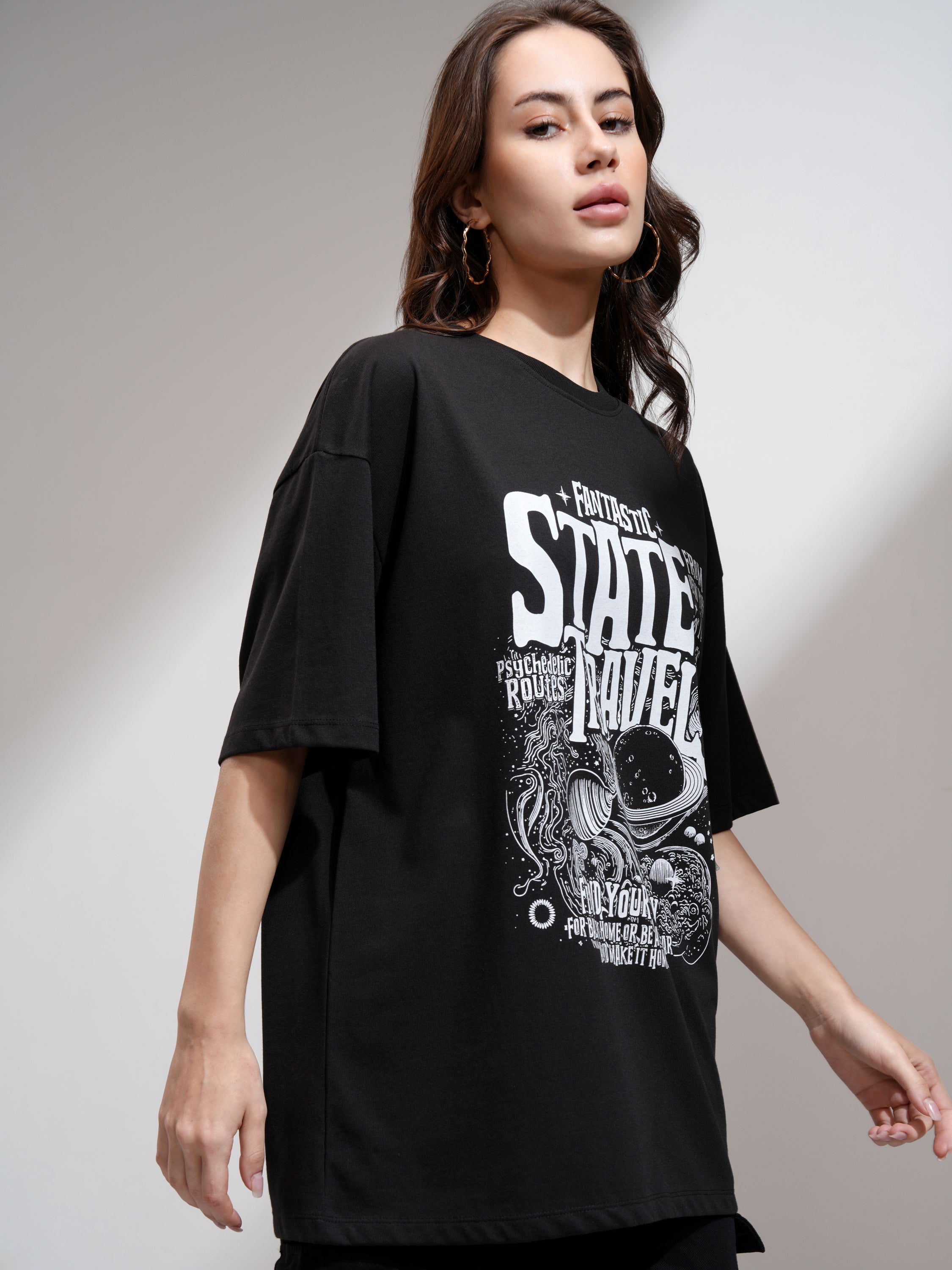 Tokyo Talkies Women Black Printed Round Neck Oversized Fit T-Shirt - Black - Image 6