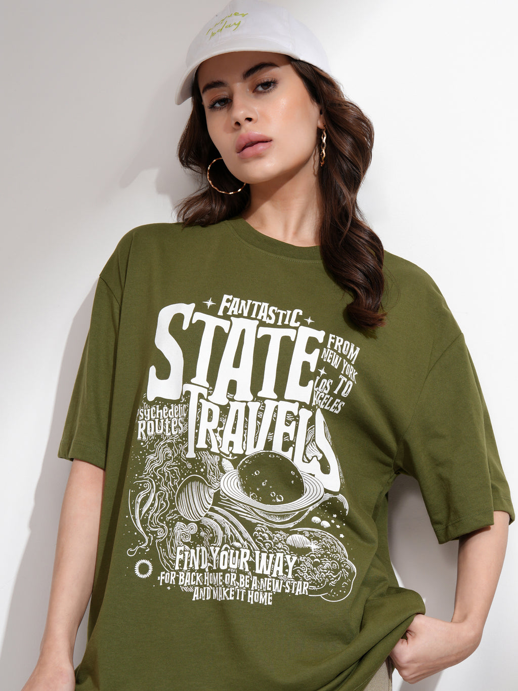 Tokyo Talkies Women Olive Printed Round Neck Oversized Fit T-Shirt - Olive - Image 1