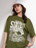 Tokyo Talkies Women Olive Printed Round Neck Oversized Fit T-Shirt - Olive - Image 1