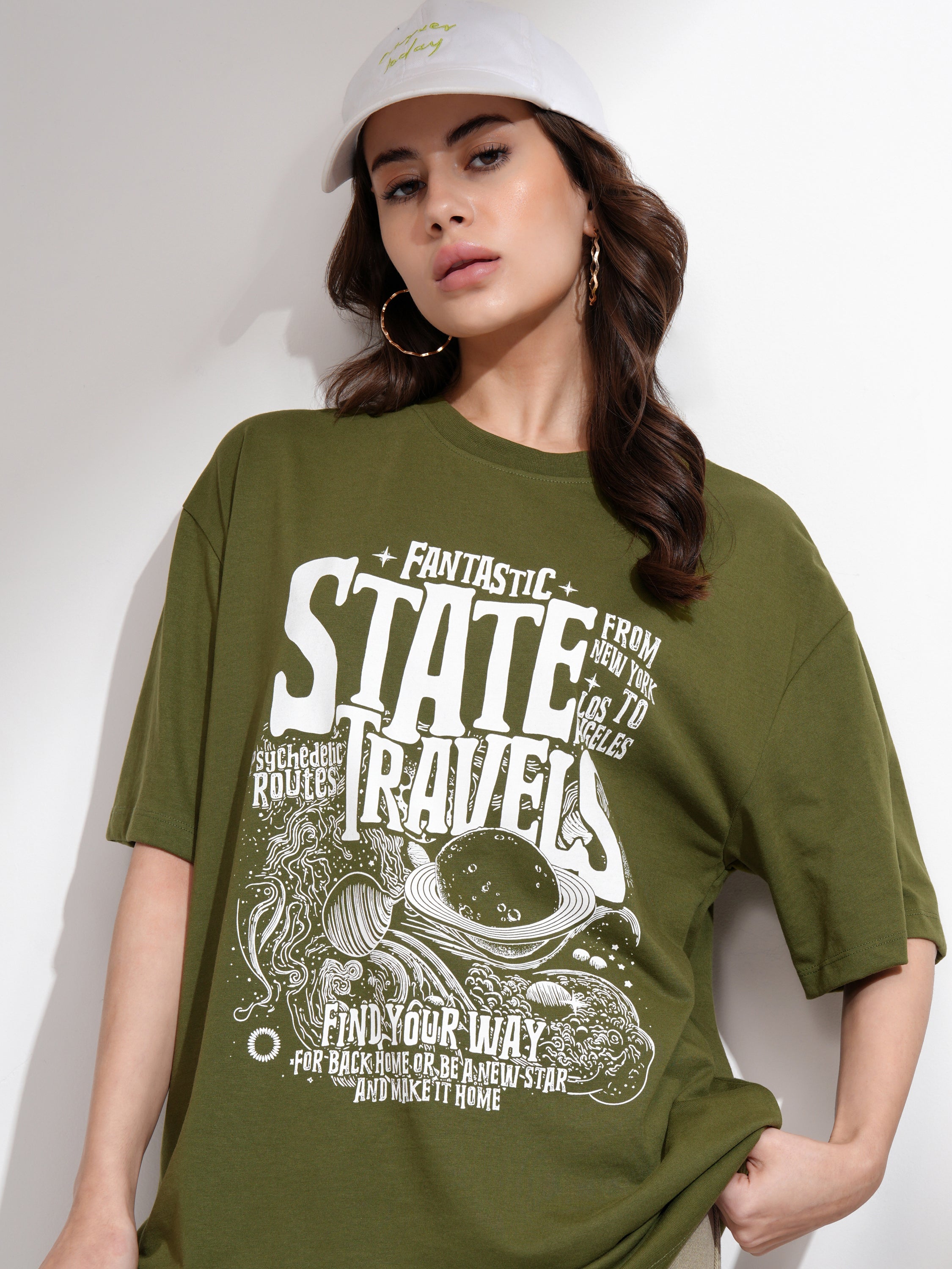 Tokyo Talkies Women Olive Printed Round Neck Oversized Fit T-Shirt - Olive - Image 1