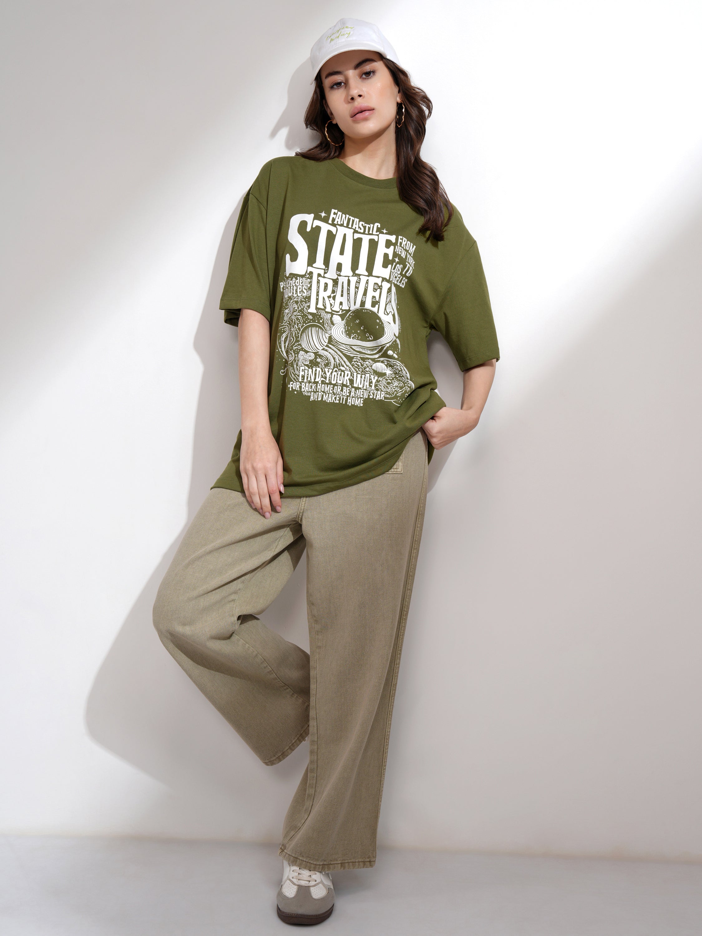 Tokyo Talkies Women Olive Printed Round Neck Oversized Fit T-Shirt - Olive - Image 2