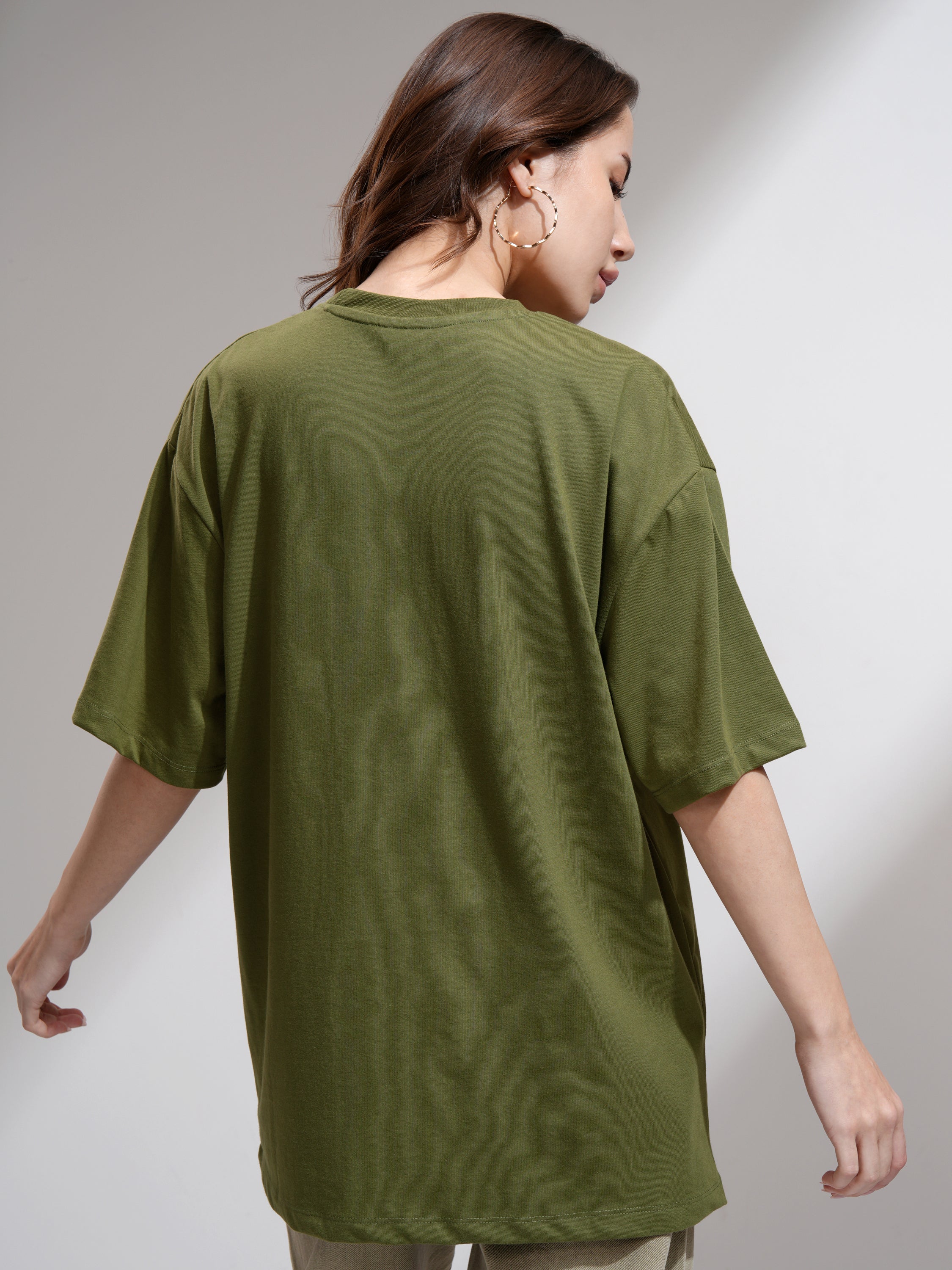 Tokyo Talkies Women Olive Printed Round Neck Oversized Fit T-Shirt - Olive - Image 3