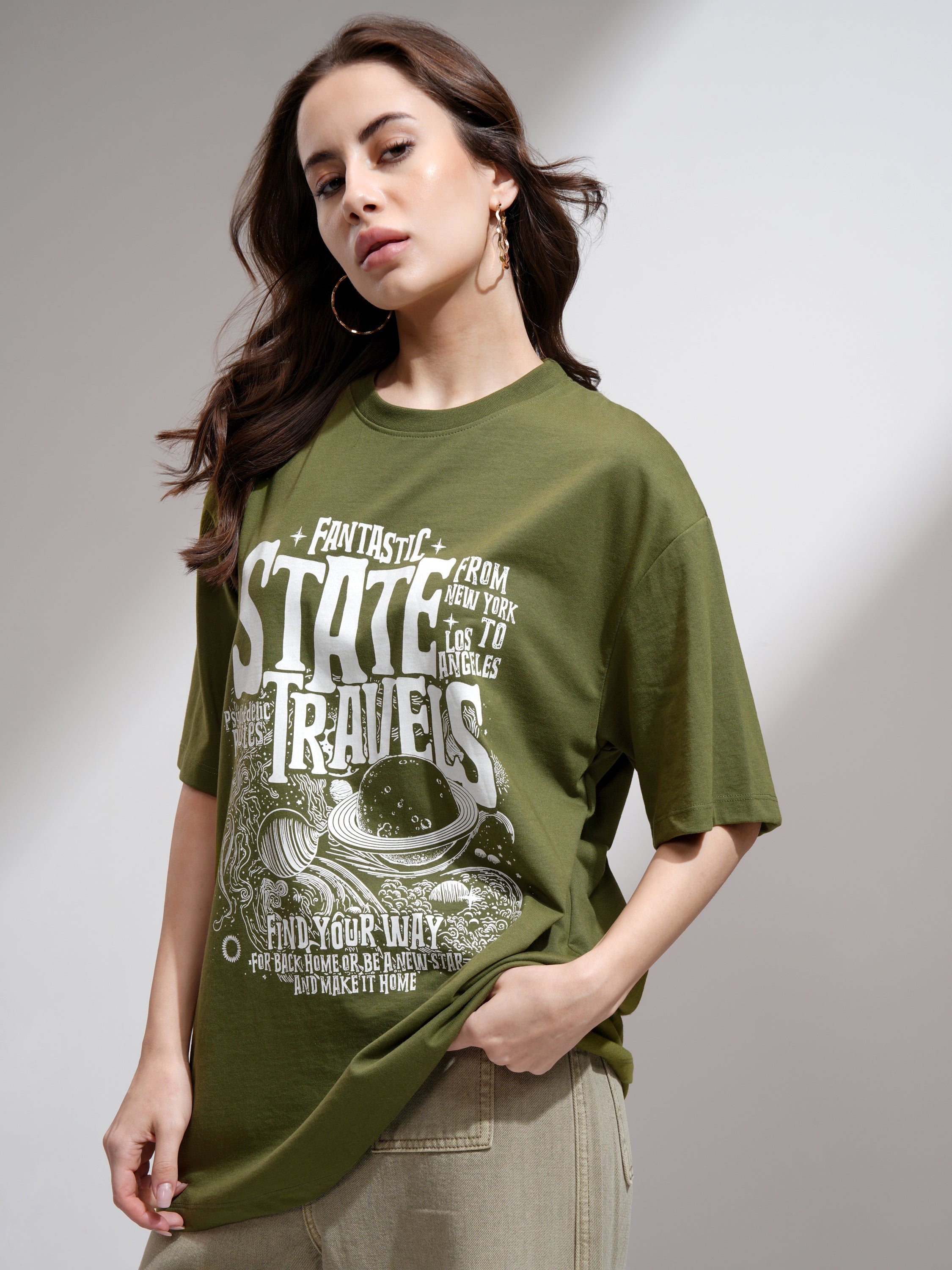 Tokyo Talkies Women Olive Printed Round Neck Oversized Fit T-Shirt - Olive - Image 4