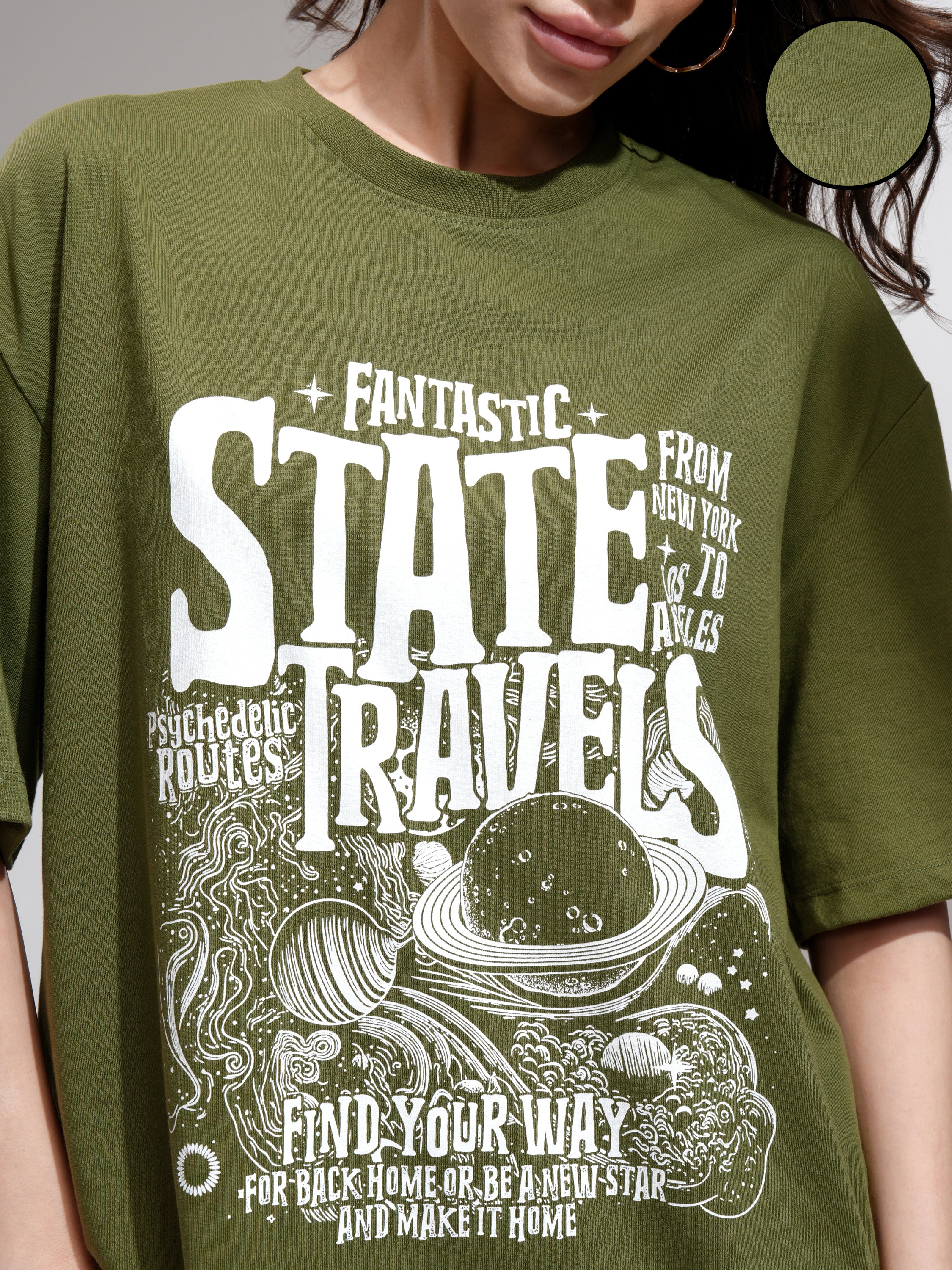 Tokyo Talkies Women Olive Printed Round Neck Oversized Fit T-Shirt - Olive - Image 5